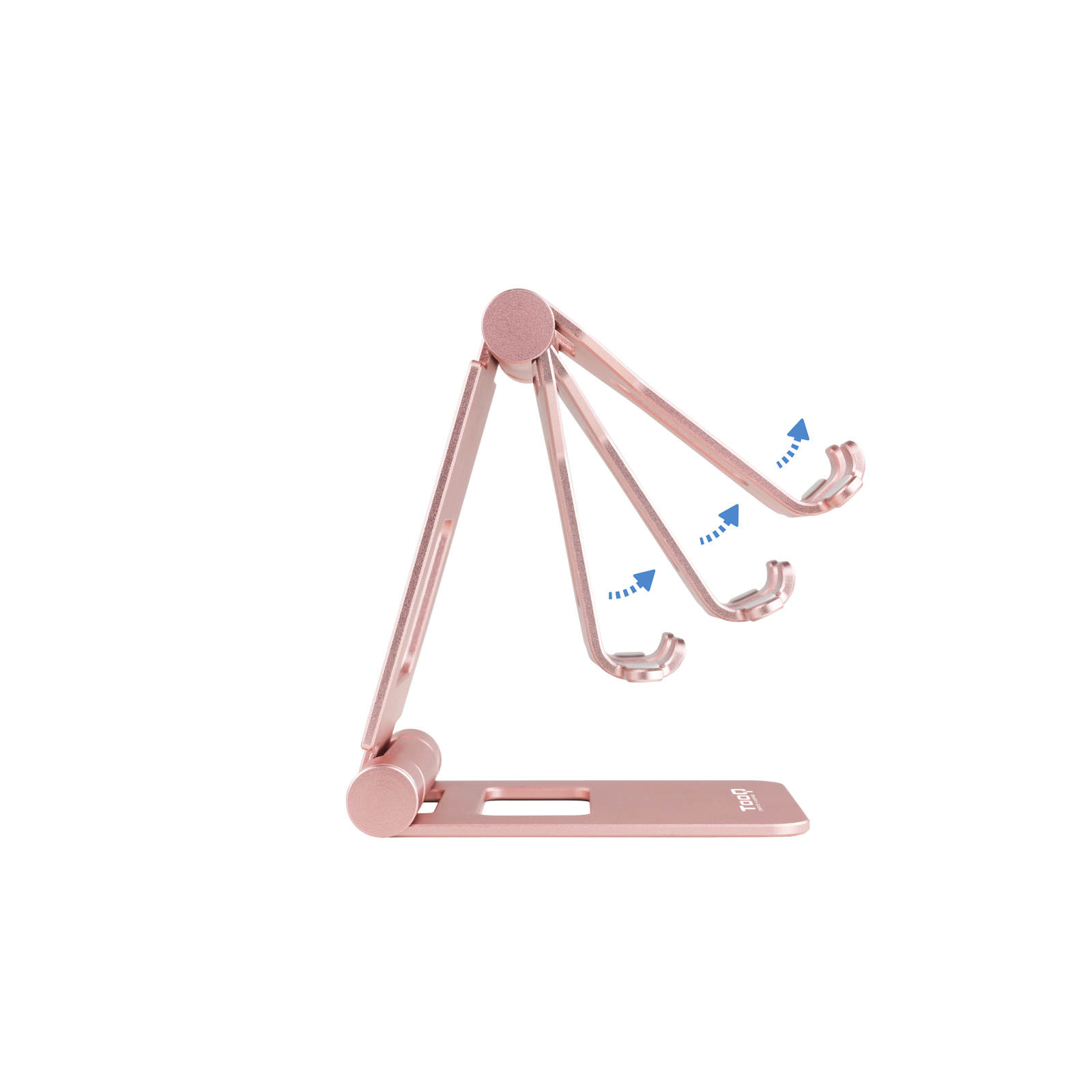 Un soporte para teléfono de oro rosa se muestra sobre un fondo blanco. Flechas muestran el ajuste a diferentes ángulos.