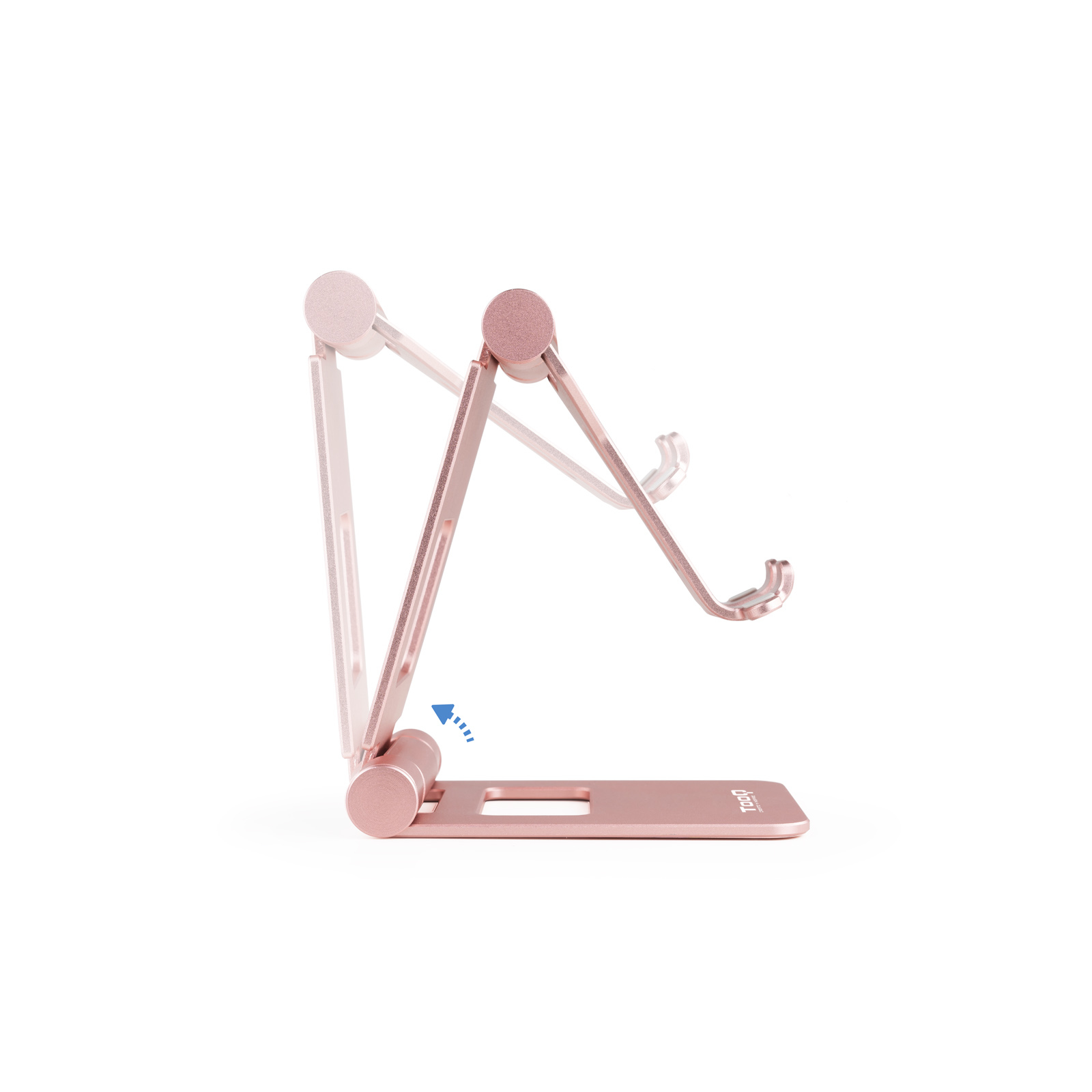 Se muestra un soporte para teléfono de oro rosa, con múltiples partes ajustables. Está sobre un fondo blanco. Una flecha muestra el ajuste.