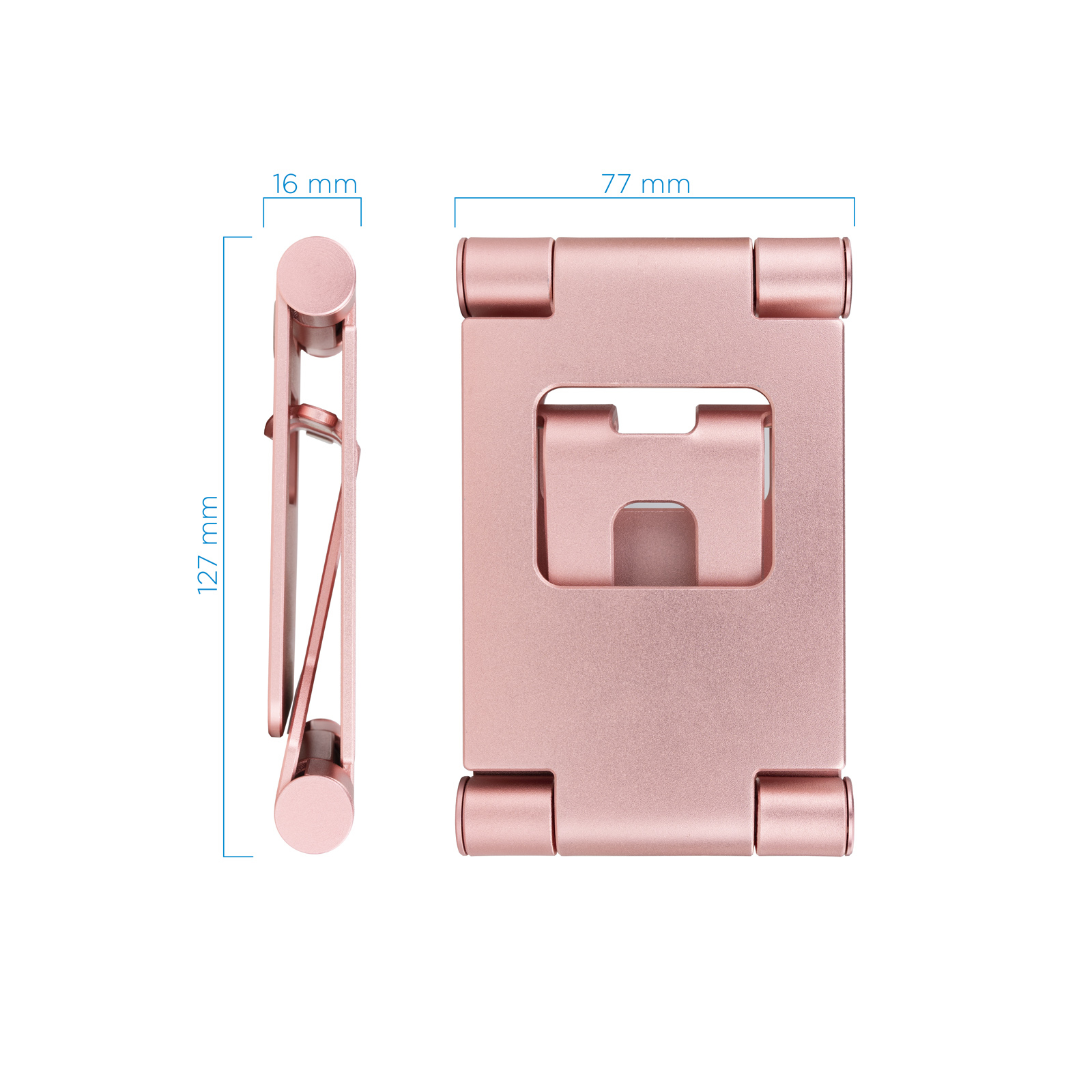 Soporte para teléfono dorado rosa, plegado. Dimensiones: 127 mm alto, 77 mm ancho, 16 mm grosor. Fondo blanco.