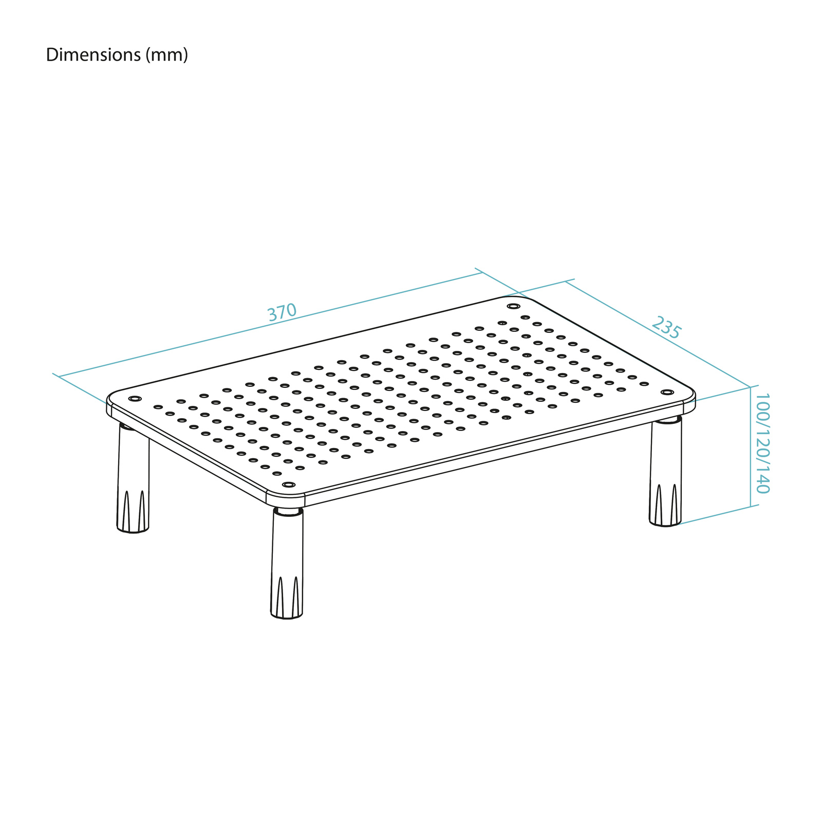 Un tavolo bianco con piano forato e quattro gambe. Dimensioni 370x235x100/120/140 mm indicate.