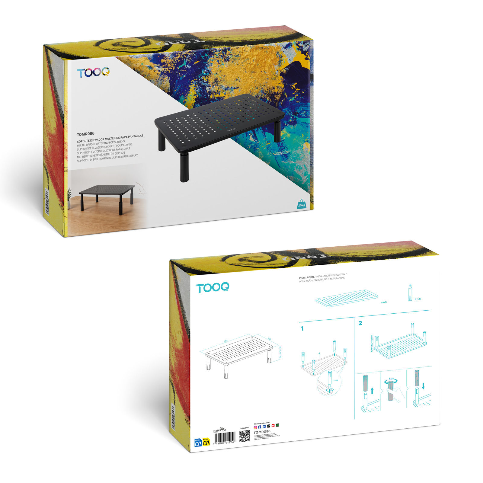 Una scatola con un supporto per monitor nero. Ha molti fori. Lo sfondo è giallo, blu e bianco.