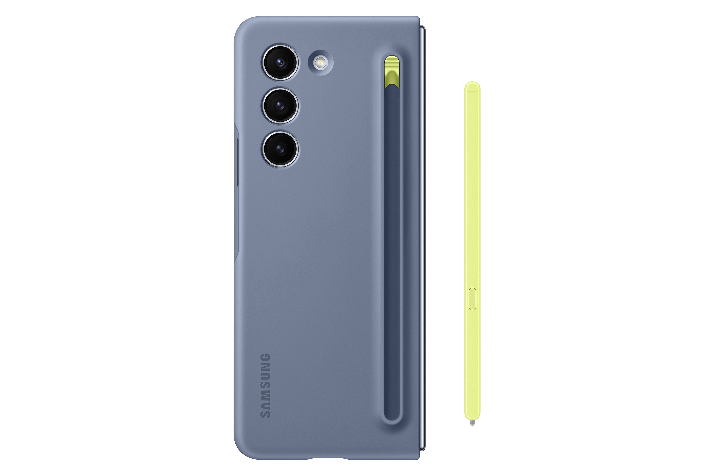 Niebieskie etui na telefon z trzema obiektywami i limonkowym rysikiem, białe tło. Etui ma logo Samsung.
