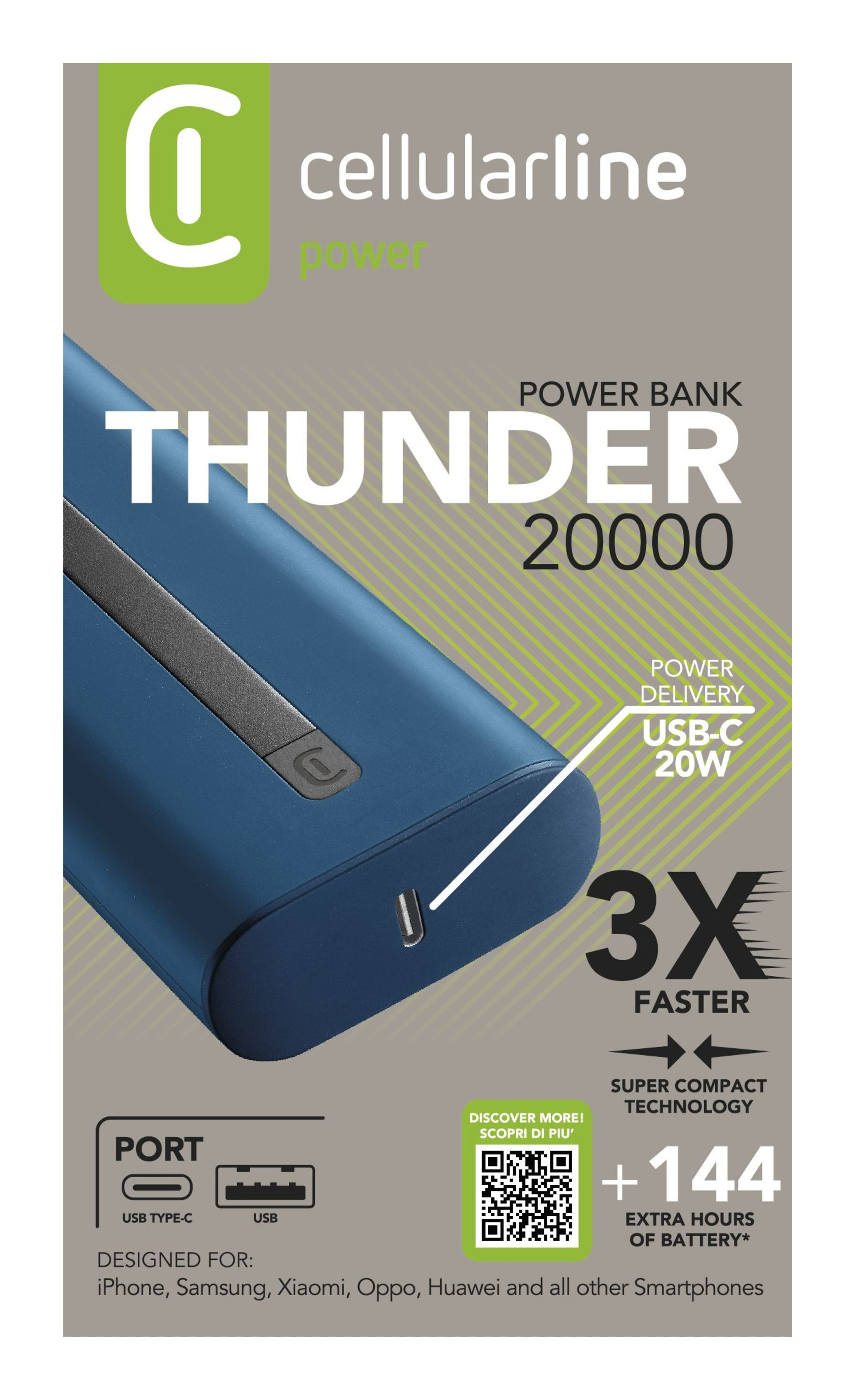 Eine blaue Powerbank mit dem Namen THUNDER 20000. Sie hat USB-C- und USB-Anschlüsse. Entwickelt für Smartphones.