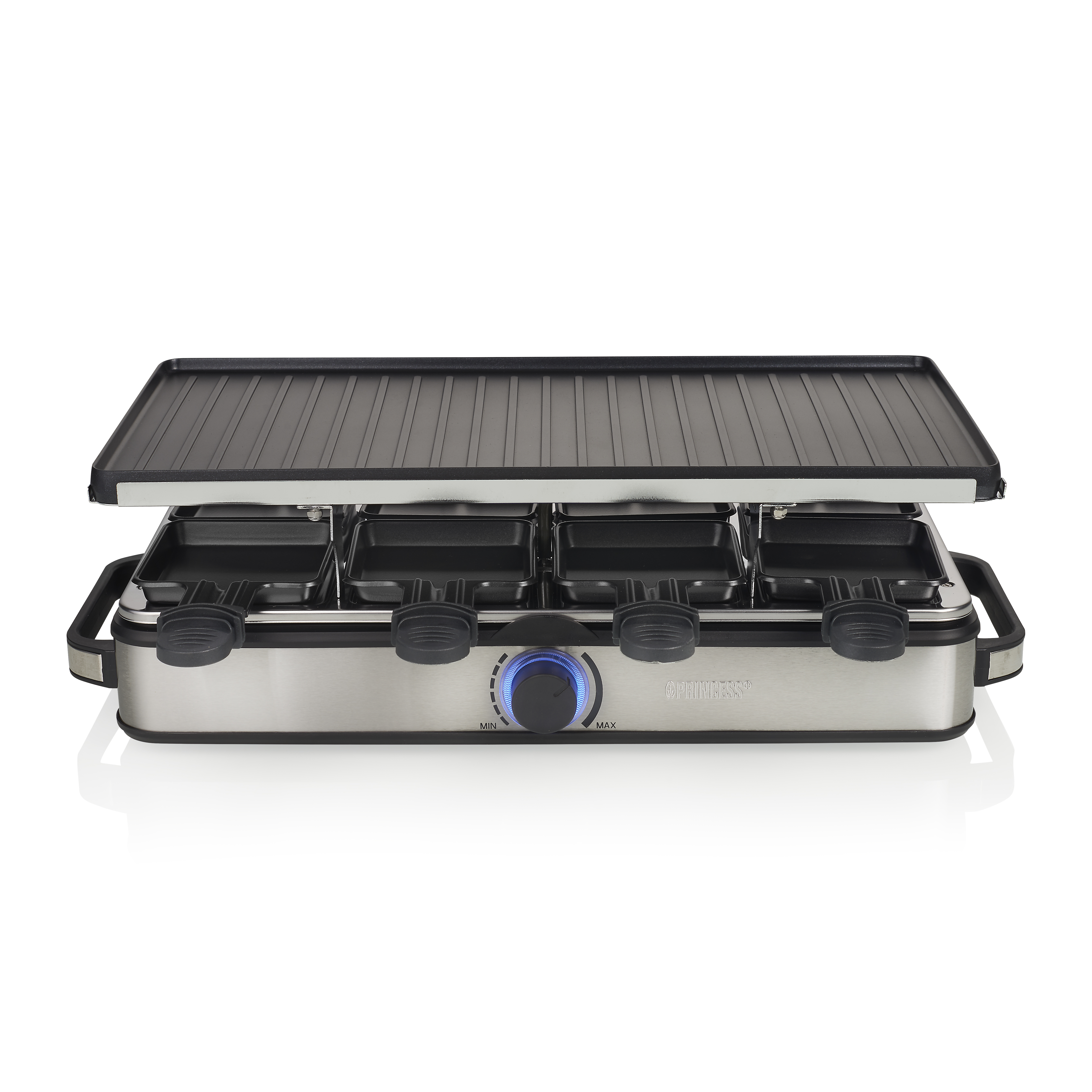 Raclette-Grill mit schwarzer Grillplatte und 8 kleinen Pfannen. Edelstahlbasis mit Bedienknopf.