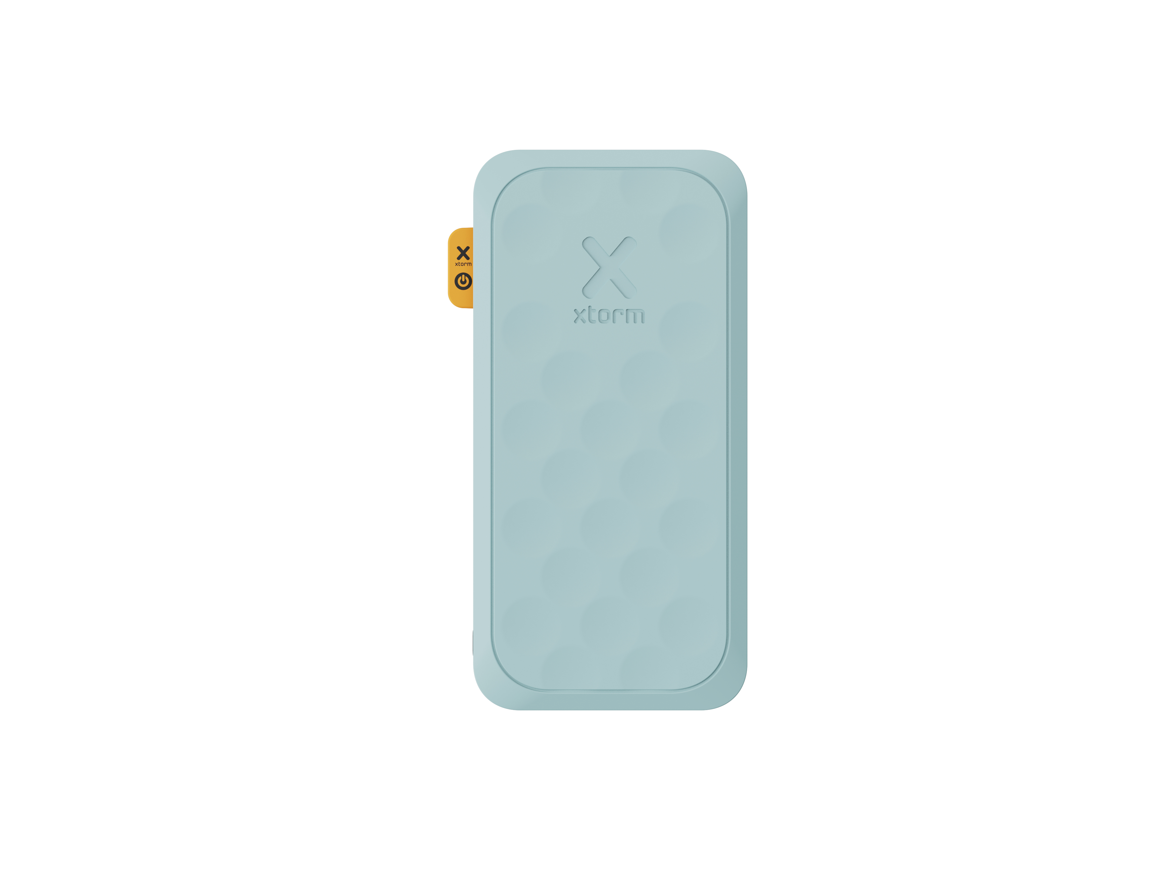 Eine hellblaue rechteckige Powerbank mit strukturierter Oberfläche, einem gelben Tab mit einem Energiesymbol und dem X-Storm-Logo.