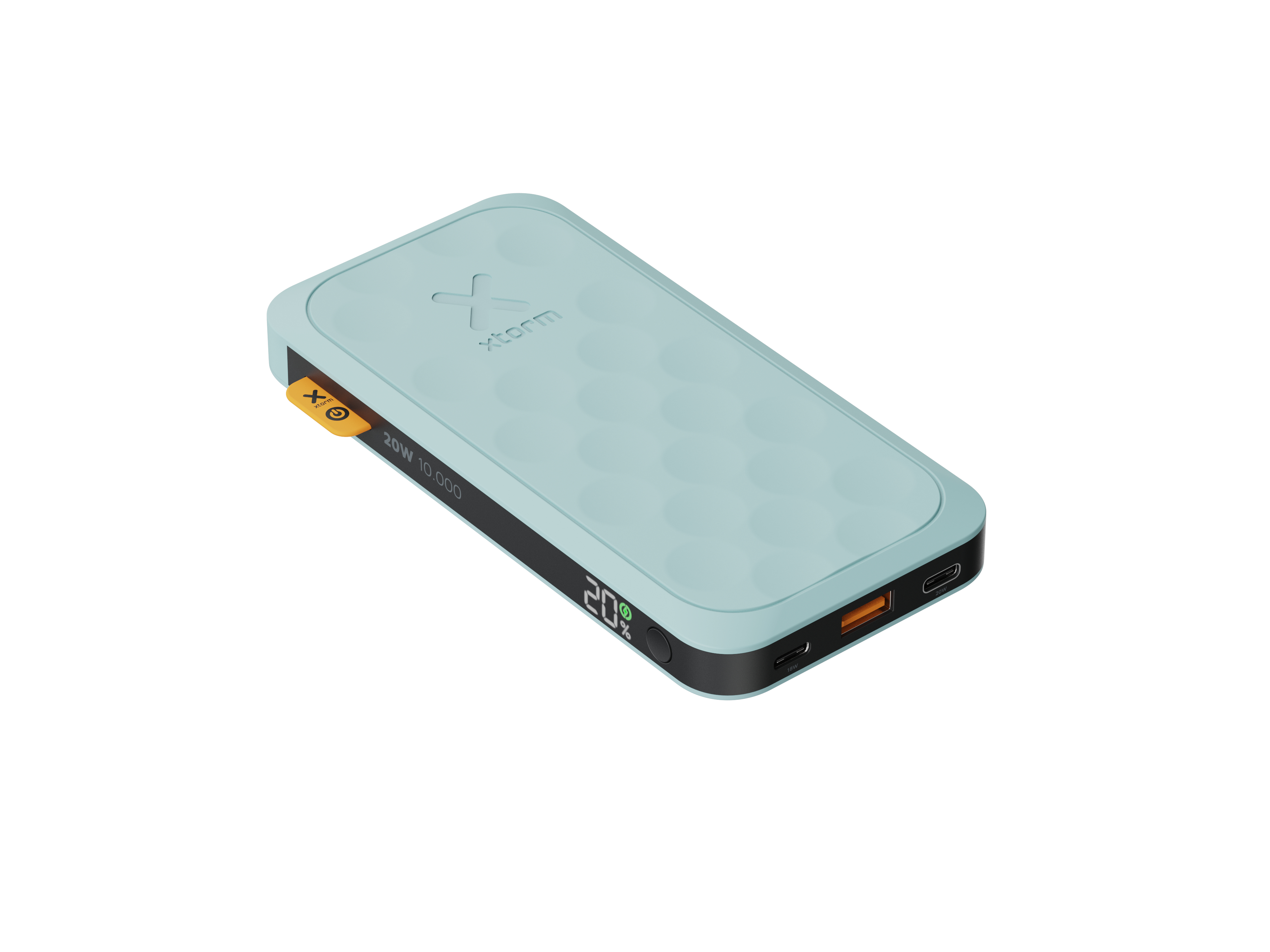 Eine hellblaue Xtorm Powerbank auf weißem Hintergrund. Sie zeigt 20 % Ladung an. Sie hat einen USB-Anschluss und einen Power-Knopf.
