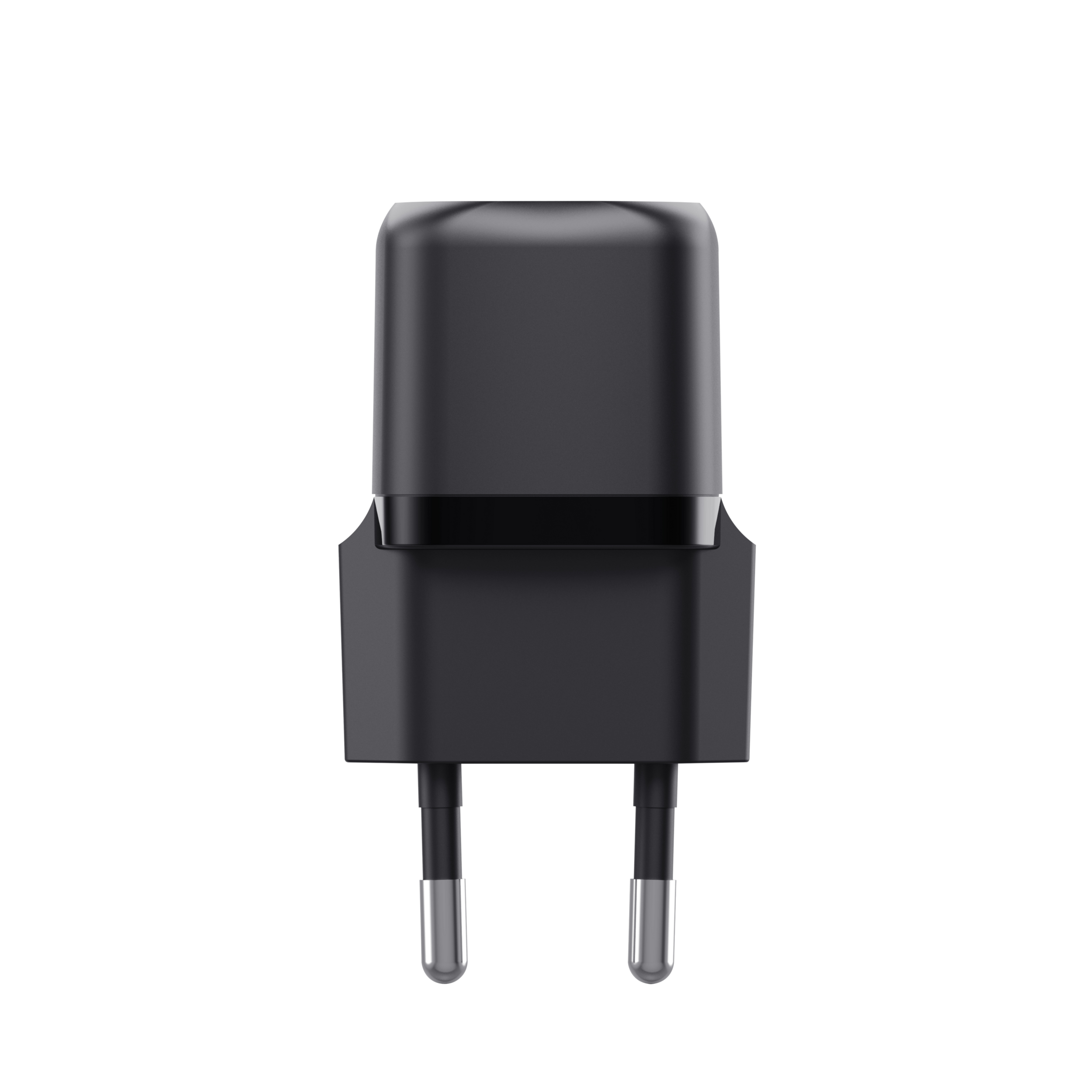 Adaptador de corriente negro con dos clavijas plateadas, aislado sobre fondo blanco. Forma rectangular con bordes redondeados.