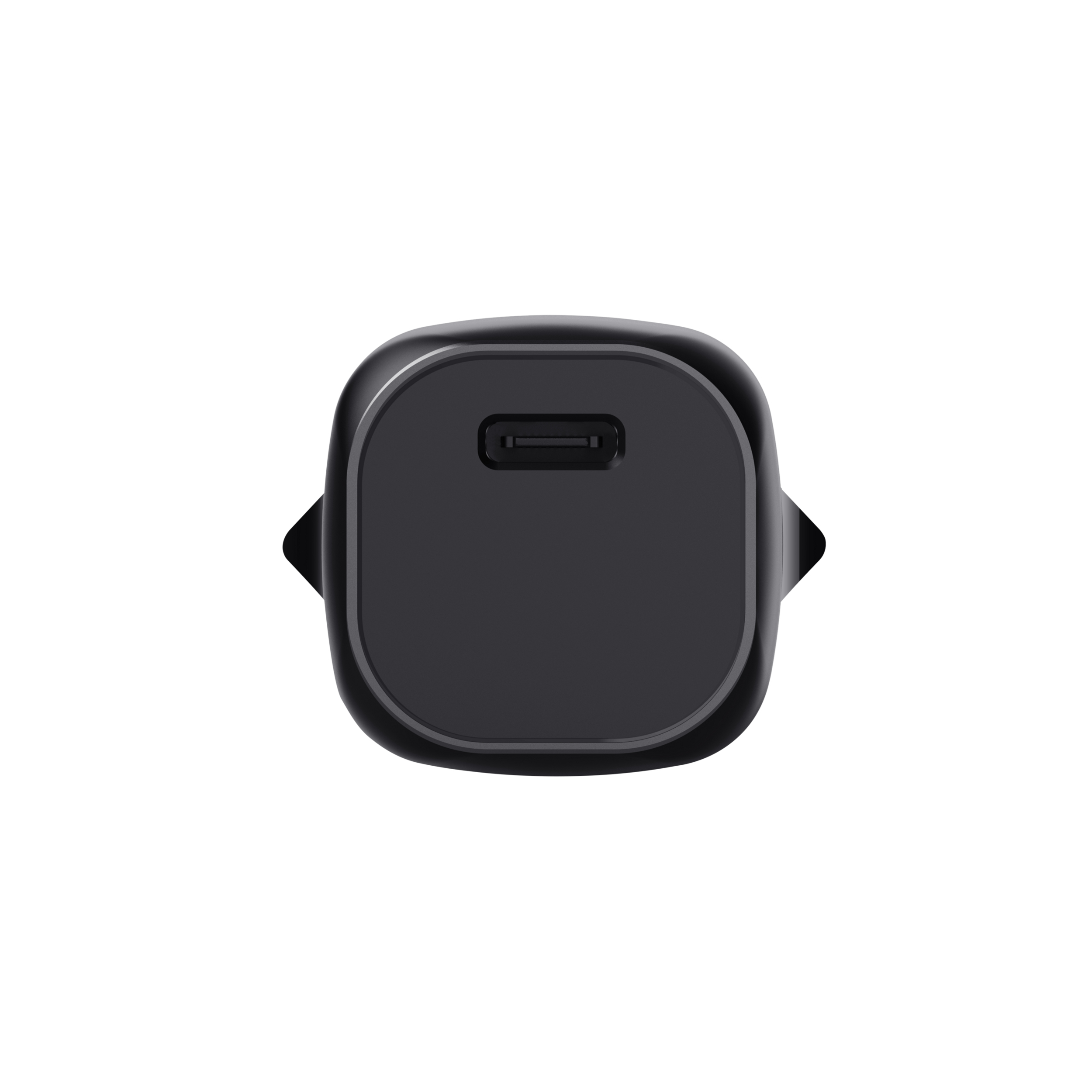 Un cargador negro y cuadrado con puerto USB-C, sobre fondo blanco.