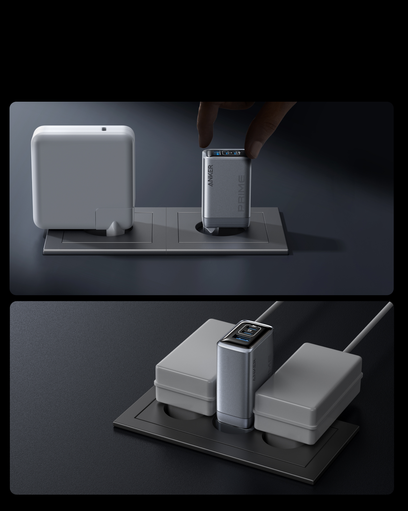 Ręka wkłada srebrną ładowarkę Anker Prime do gniazdka. Obok dwa szare bloki.