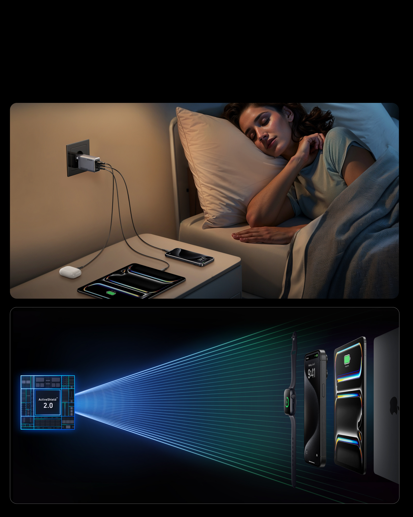 Kobieta śpi obok ładującego się telefonu i tabletu. Układ ActiveShield 2.0 i urządzenia Apple na dole.