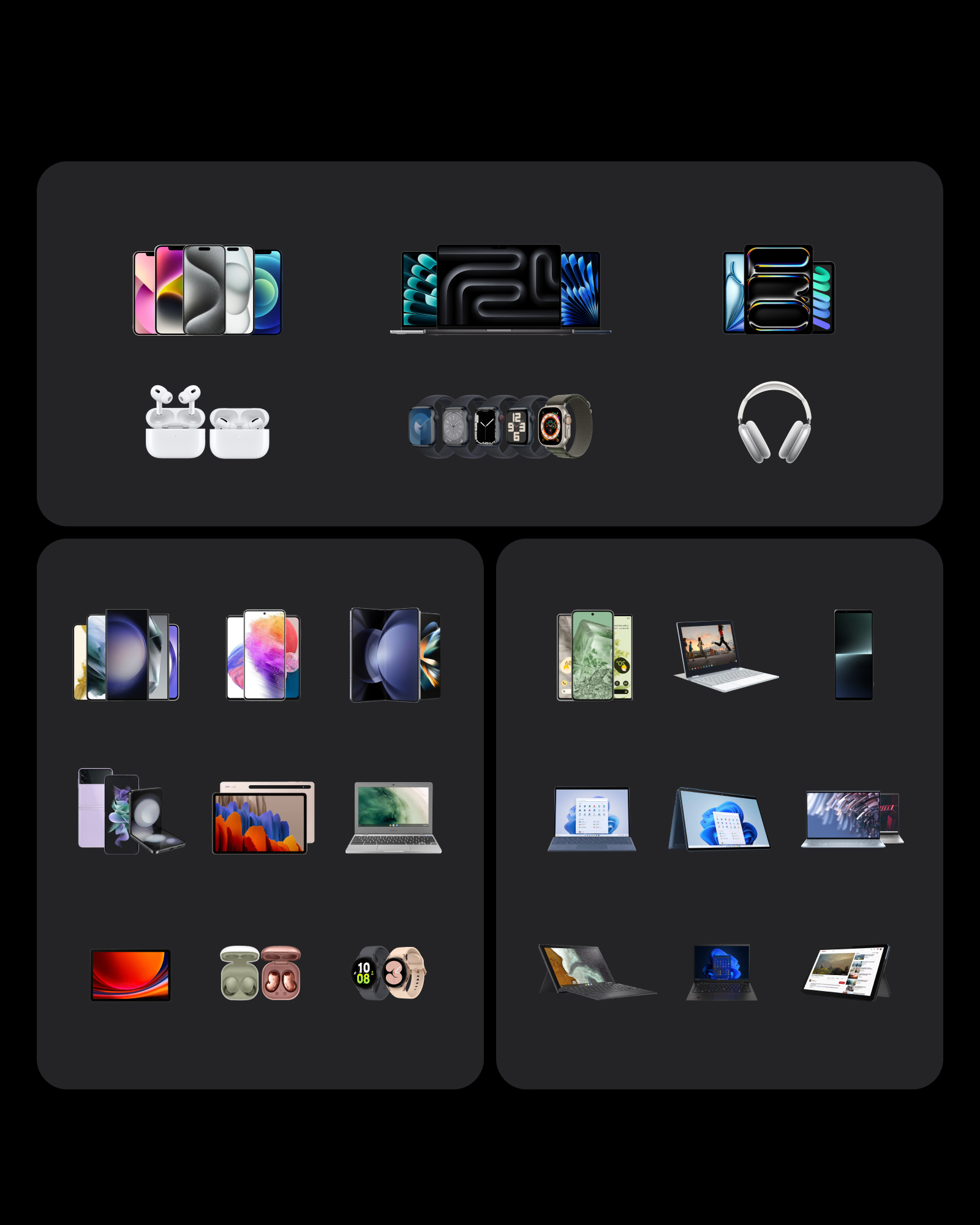 Obraz przedstawia kolekcję elektroniki: telefony, laptopy, smartwatche, słuchawki douszne i nauszne, prezentowane na ciemnym tle.