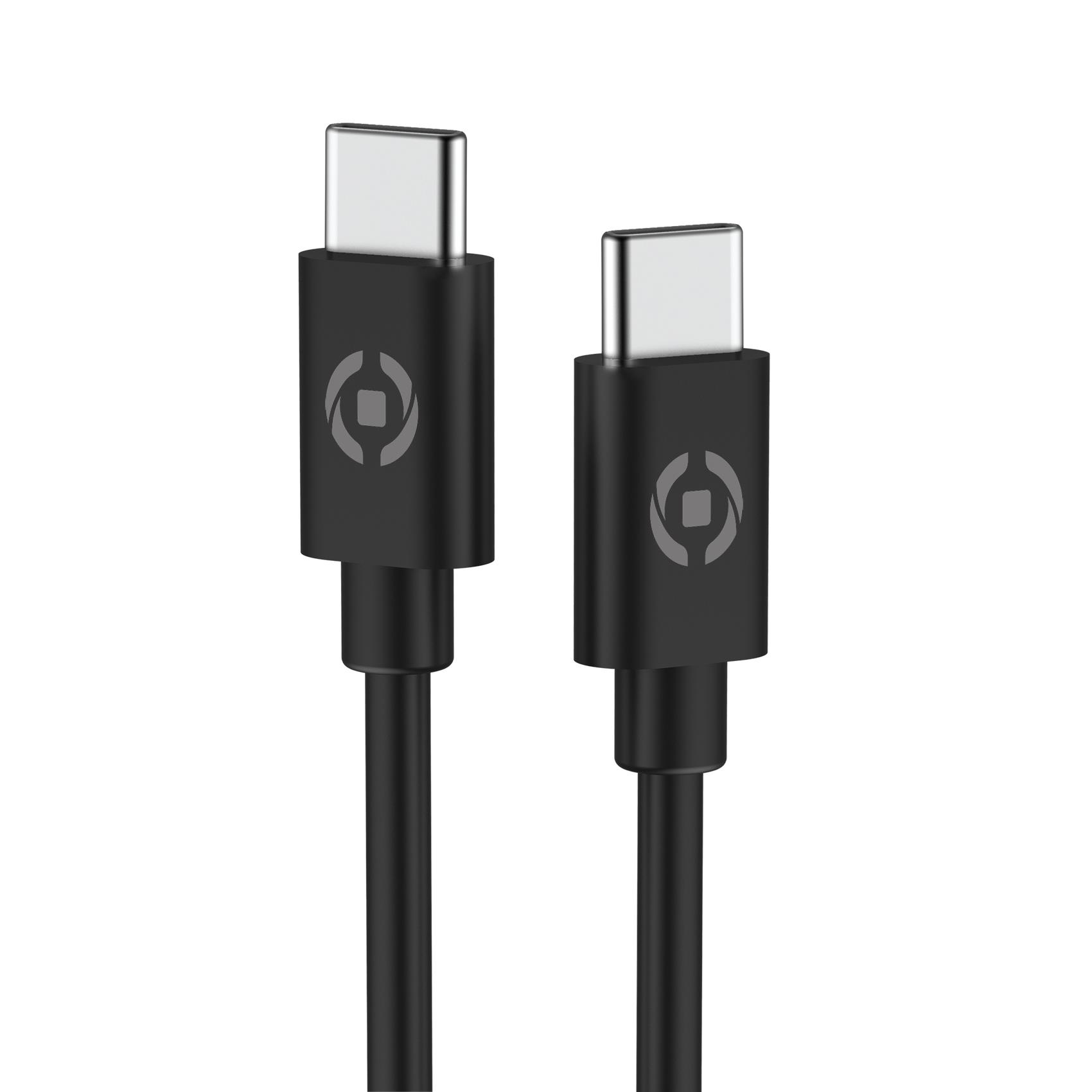 Dos cables USB-C negros, cada uno con un conector plateado. Los conectores tienen un logotipo circular. El fondo es blanco.