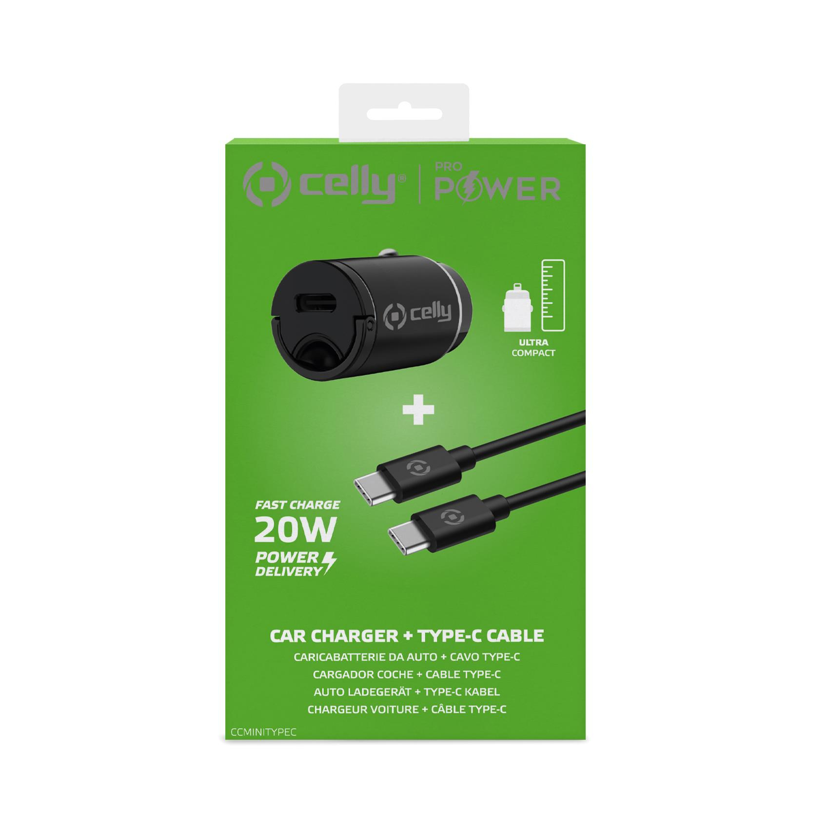 Una caja verde y blanca con un cargador y cables negros. La caja dice 'Celly Power' y 'Fast Charge 20W'.