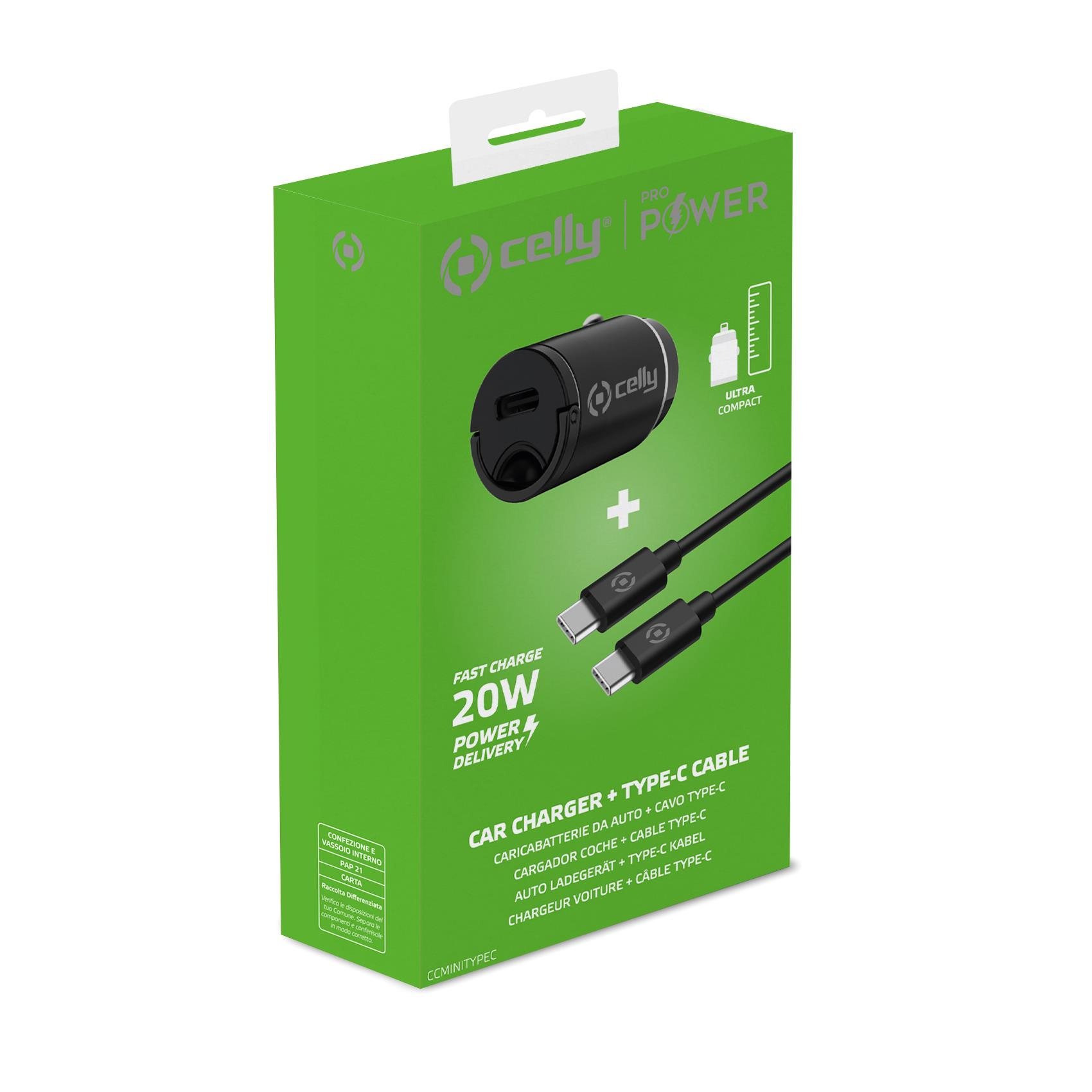 Caja verde con cargador de coche negro y cables. Texto incluye 'Power Delivery', '20W' y 'Ultra Compact'.