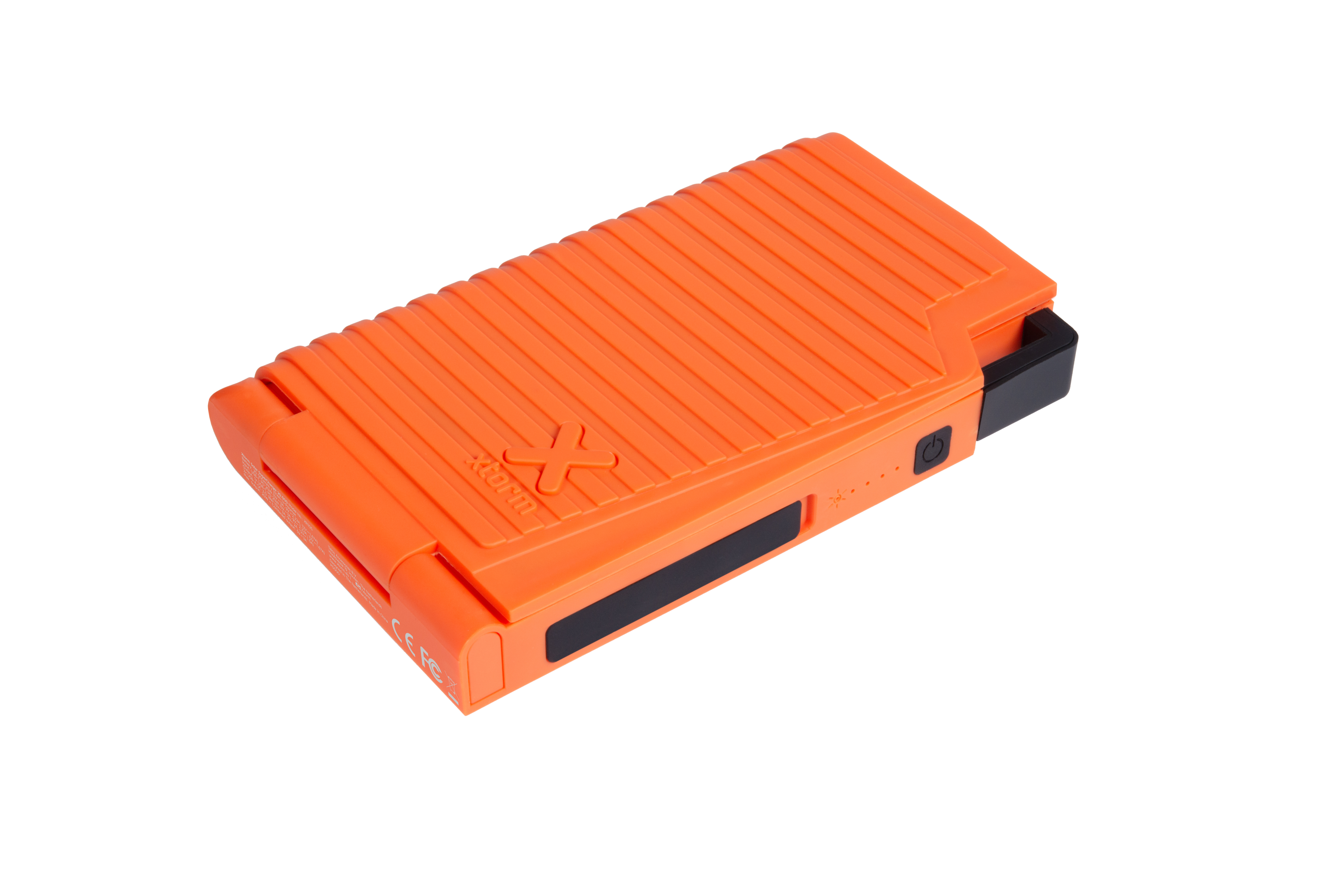 Ein orangefarbenes, rechteckiges Gerät mit schwarzen Akzenten und einem Ein-/Ausschalter auf weißem Grund.