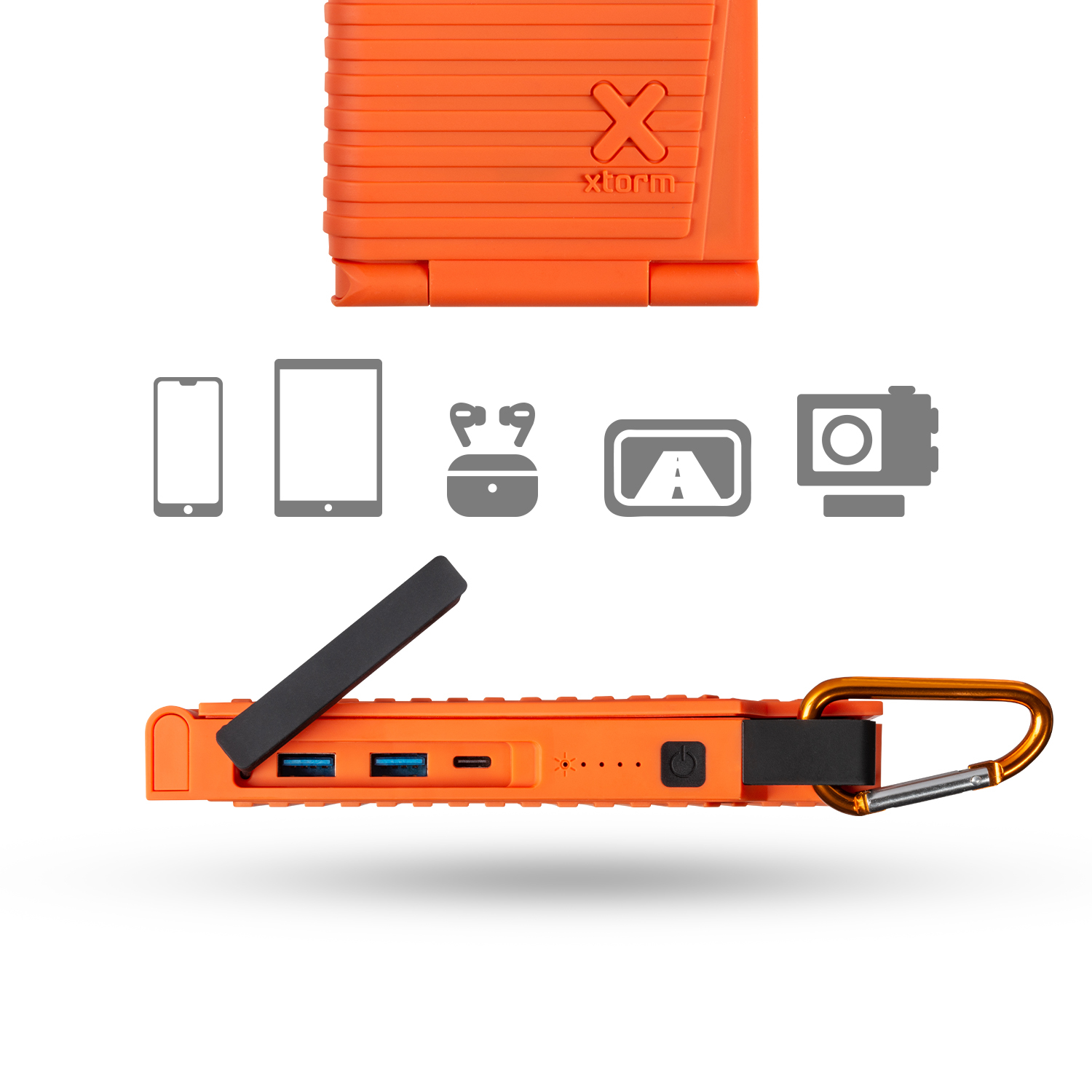 Orange Powerbank mit USB-Anschlüssen, Geräte-Icons und Karabinerhaken auf weißem Hintergrund. Draufsicht des geschlossenen Gehäuses.