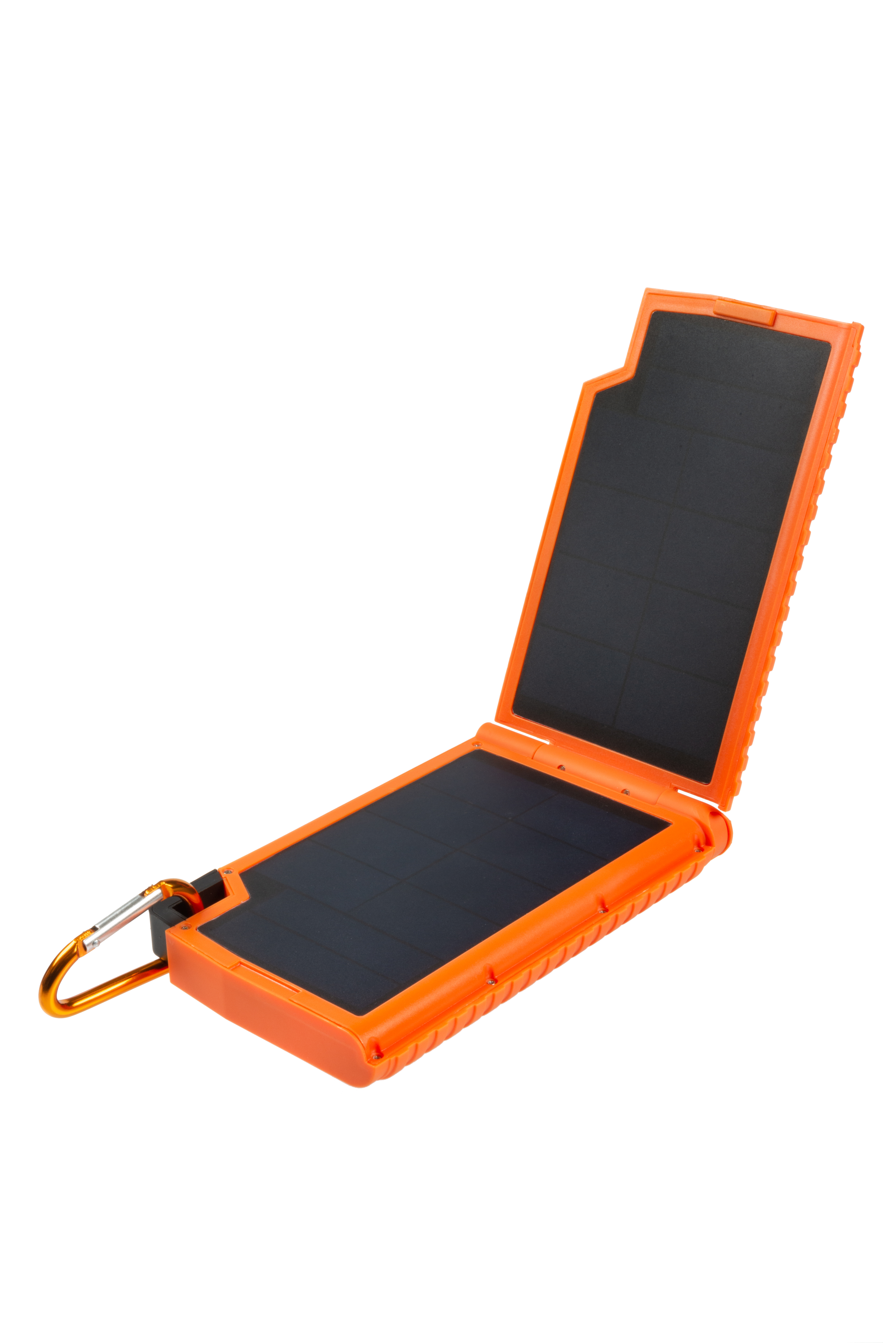 Ein orangefarbenes Solarladegerät mit schwarzem Solarpanel. Ein goldener Karabiner ist befestigt. Isoliert auf weißem Hintergrund.