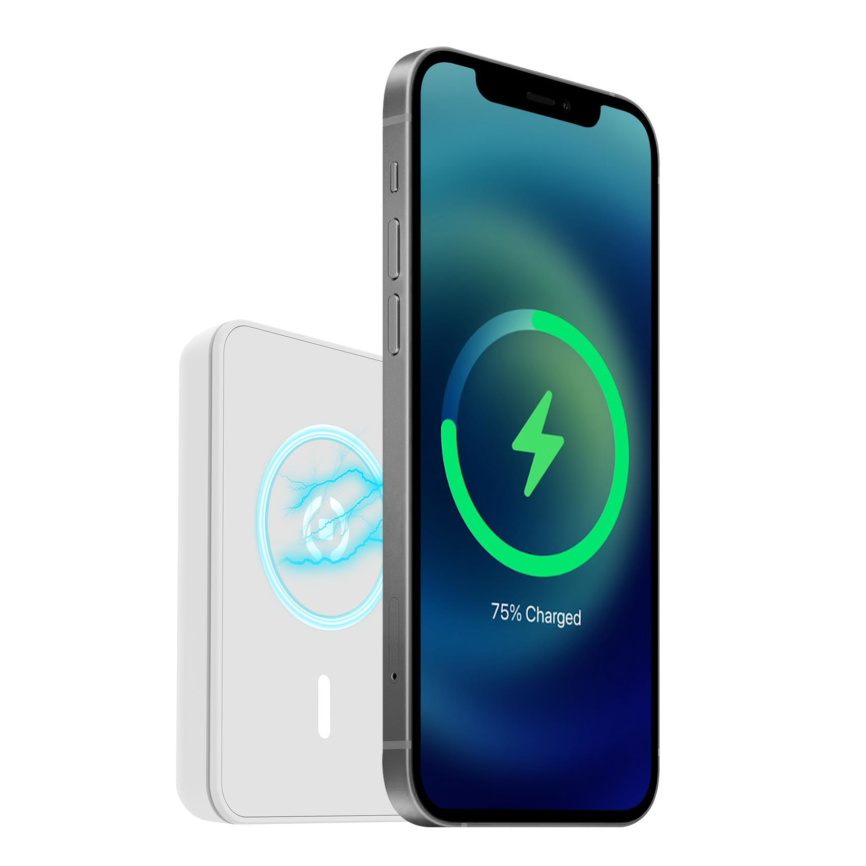 Un iPhone con indicatore di carica, 75% carica, accanto a un caricatore wireless bianco con luce blu.