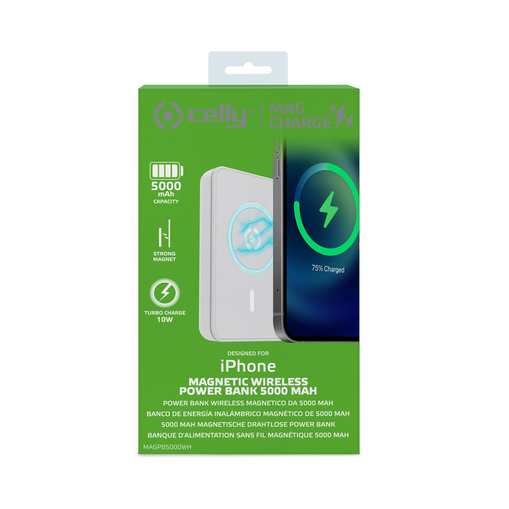La scatola mostra un power bank bianco che carica un iPhone. Il testo indica 5000 mAh, forte magnete e ricarica turbo.