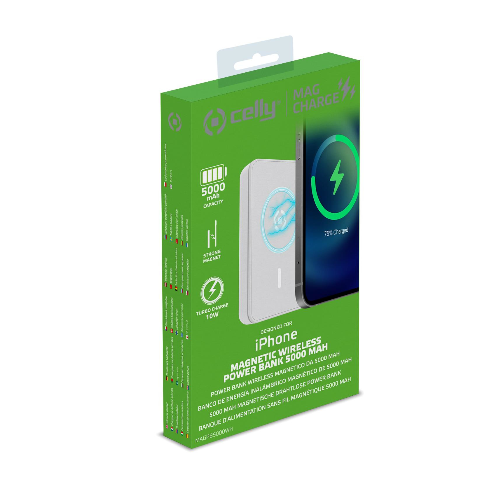 Celly Mag Charge wireless per iPhone, con immagine telefono, fulmine e 75% di carica.