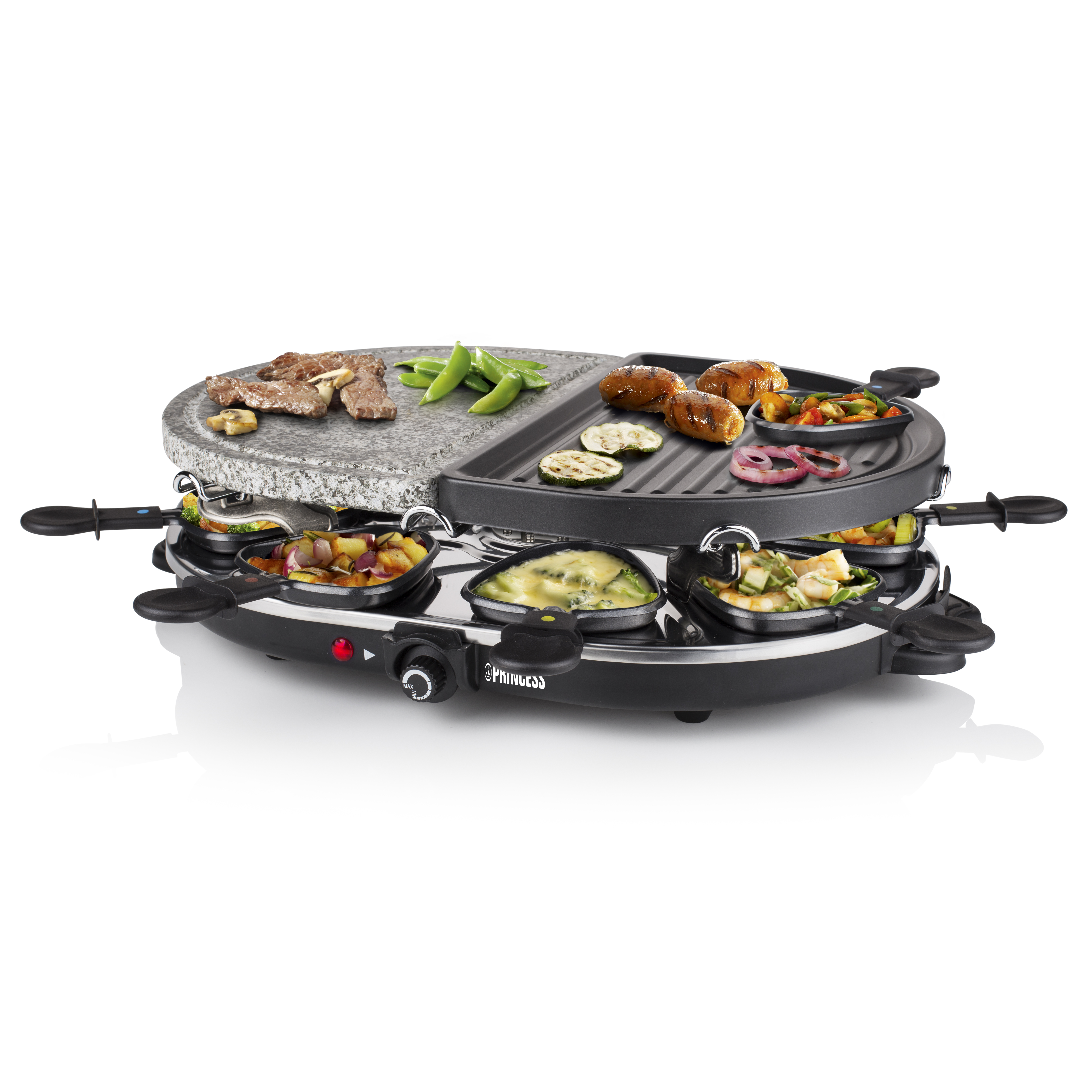Grill do raclette z mięsem, warzywami i serem. Zawiera płytę grillową i patelnie z jedzeniem.