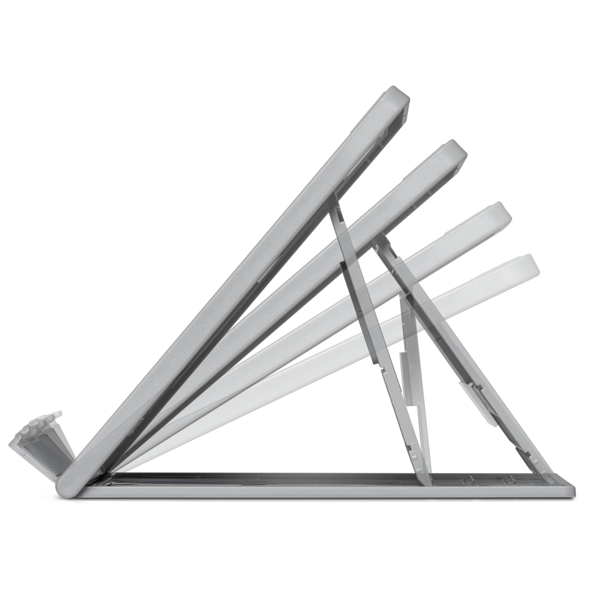 A gray laptop stand is shown at different angles. Its design is for adjustable height. The background is white.