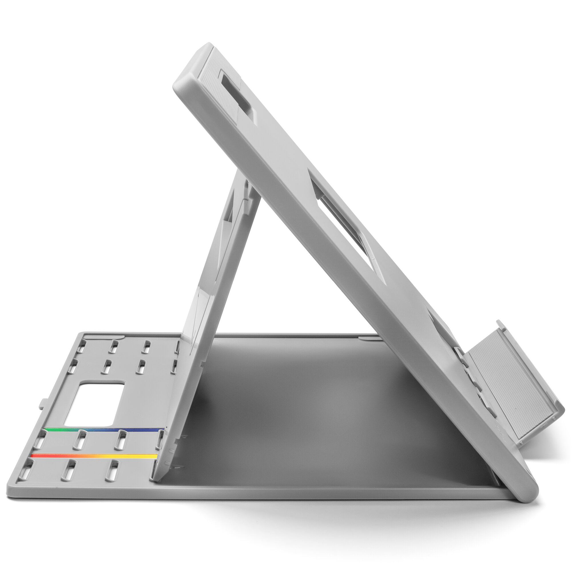A gray tablet stand with a colored stripe. It is angled to hold a tablet.