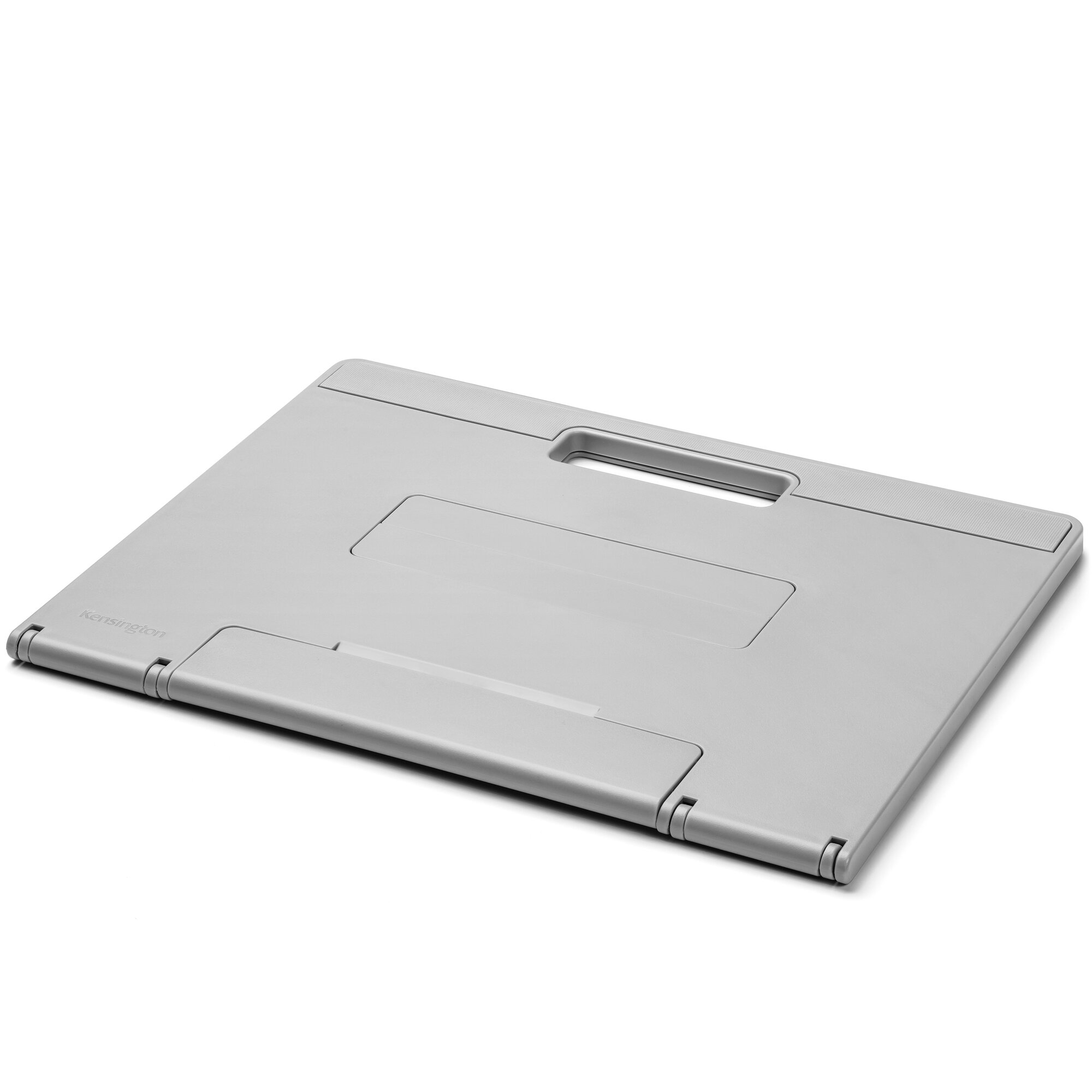 A gray Kensington laptop stand is on a white background. It has a handle and hinges. The Kensington logo is visible.