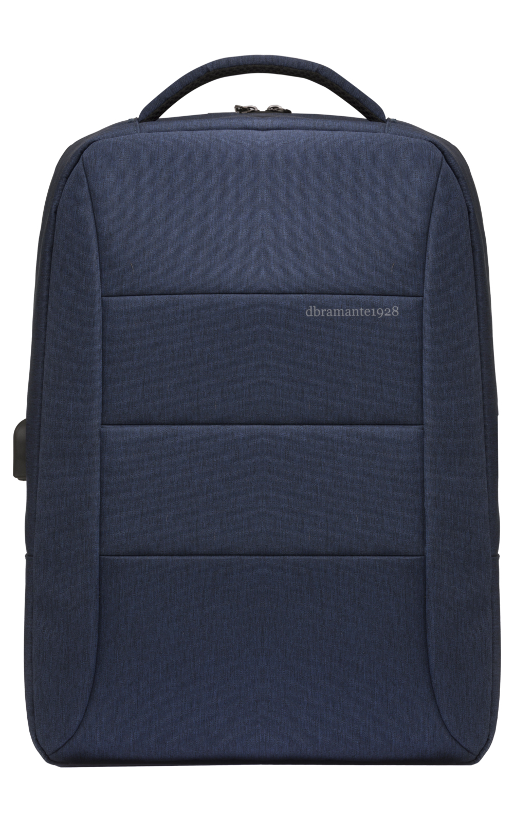 Uno zaino blu navy con manico e tre sezioni orizzontali imbottite. Il marchio 'dramante1928' è visibile.