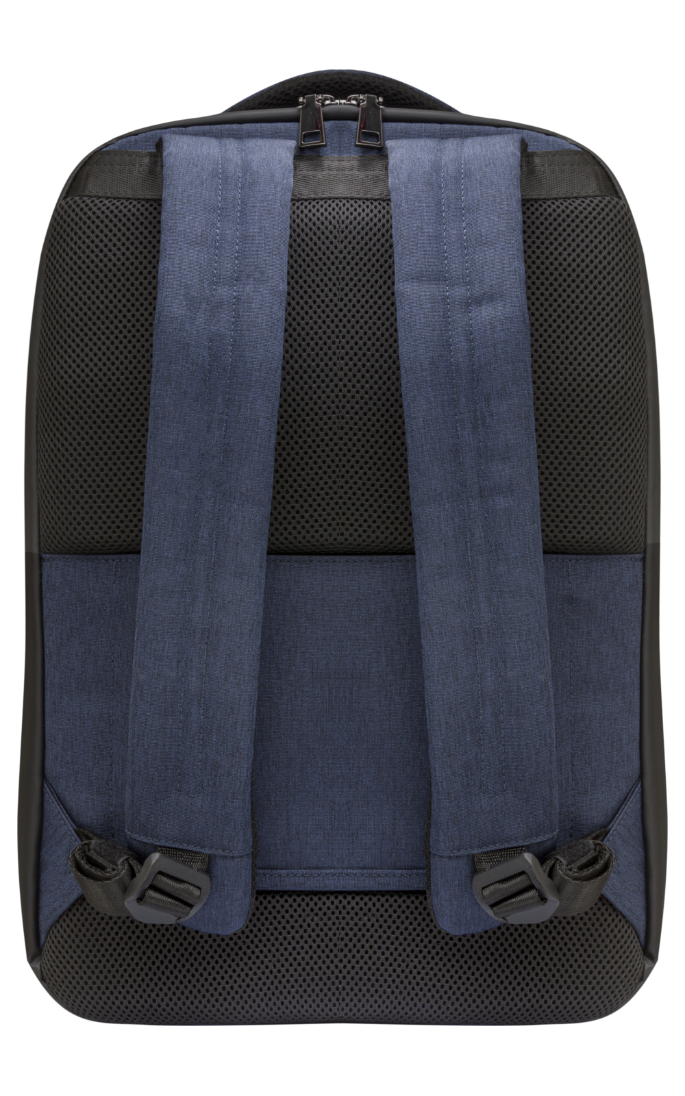 Zaino in tessuto blu scuro con schienale e cinghie in rete nera. Include cerniere, cinghie regolabili e fibbie.