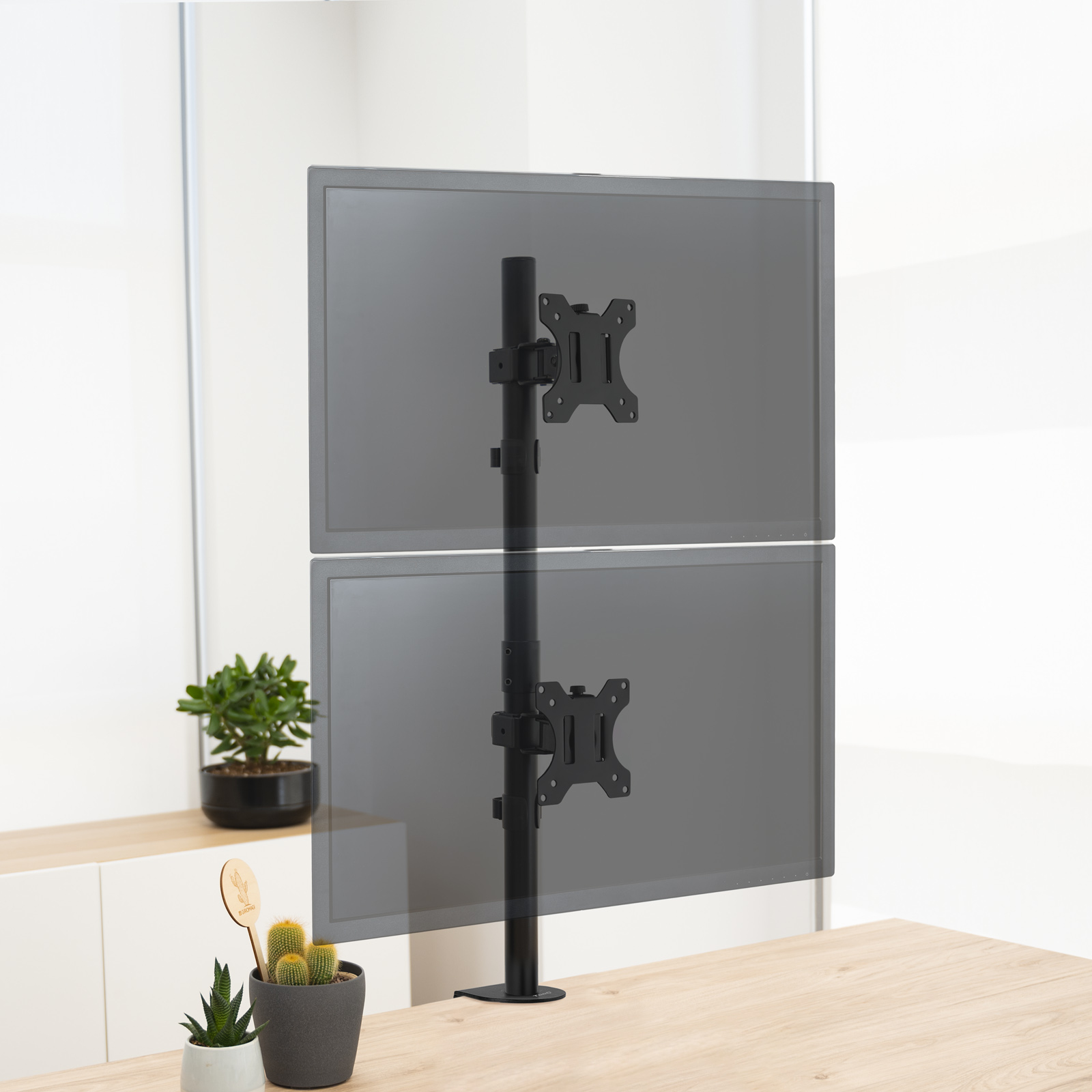 Configurazione a doppio monitor su una scrivania di legno. Supporto e monitor neri. Piante in primo piano, pareti bianche sullo sfondo.
