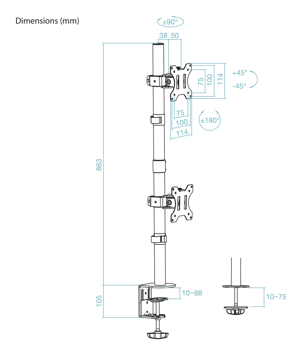 Diagramma di un supporto per monitor con dimensioni in mm. Mostra un palo verticale con bracci regolabili e una base a morsetto. Gli angoli sono indicati.