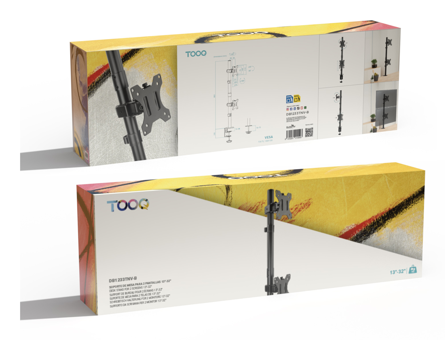Scatola per un supporto per doppio monitor. Mostra il supporto, le specifiche e il marchio 'TOOQ' su sfondo giallo.