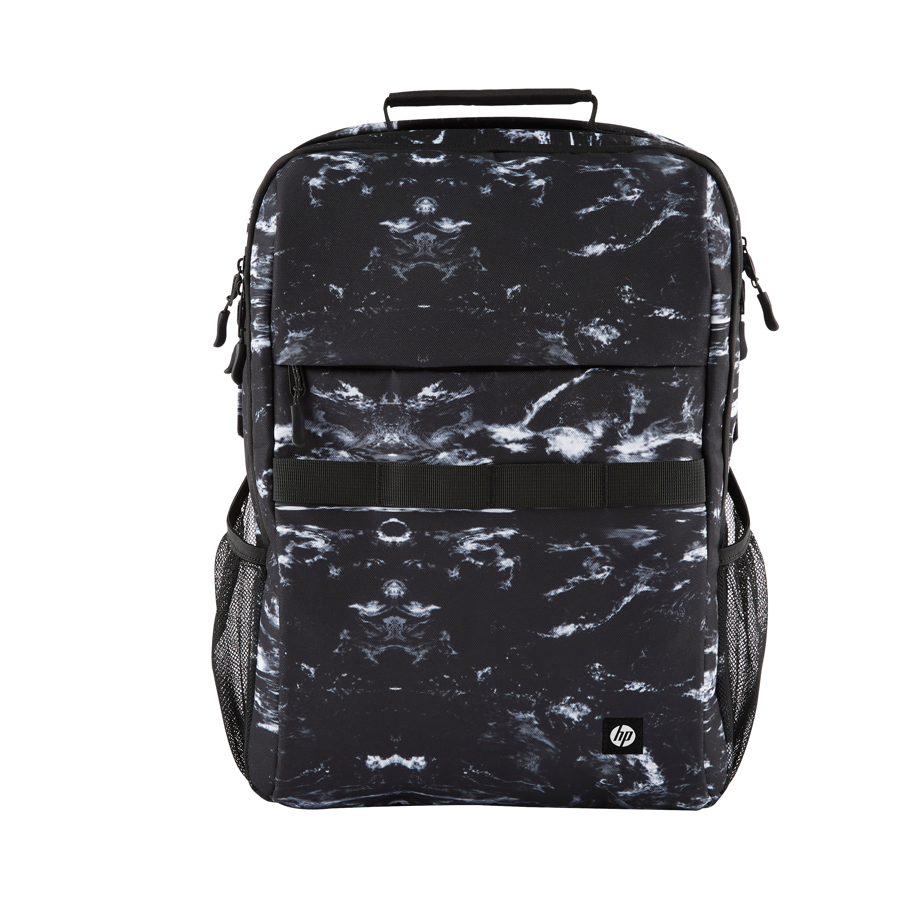 Ein schwarz-weißer HP-Rucksack mit Marmormuster. Er hat mehrere Fächer, einen Griff und Netztaschen.
