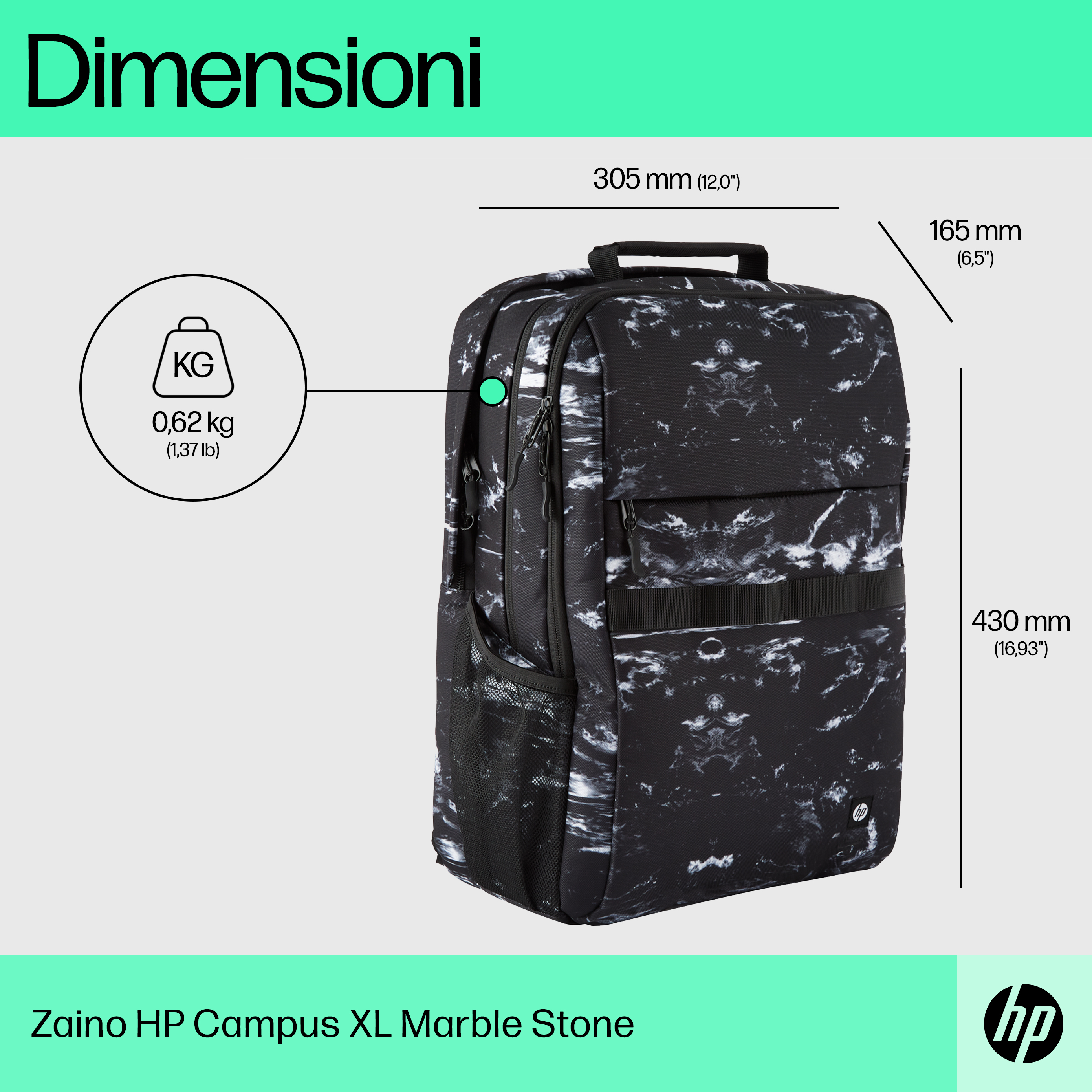 Ein schwarzer Rucksack mit Marmormuster, Abmessungen und Gewichtsangaben, einschließlich des HP-Logos.