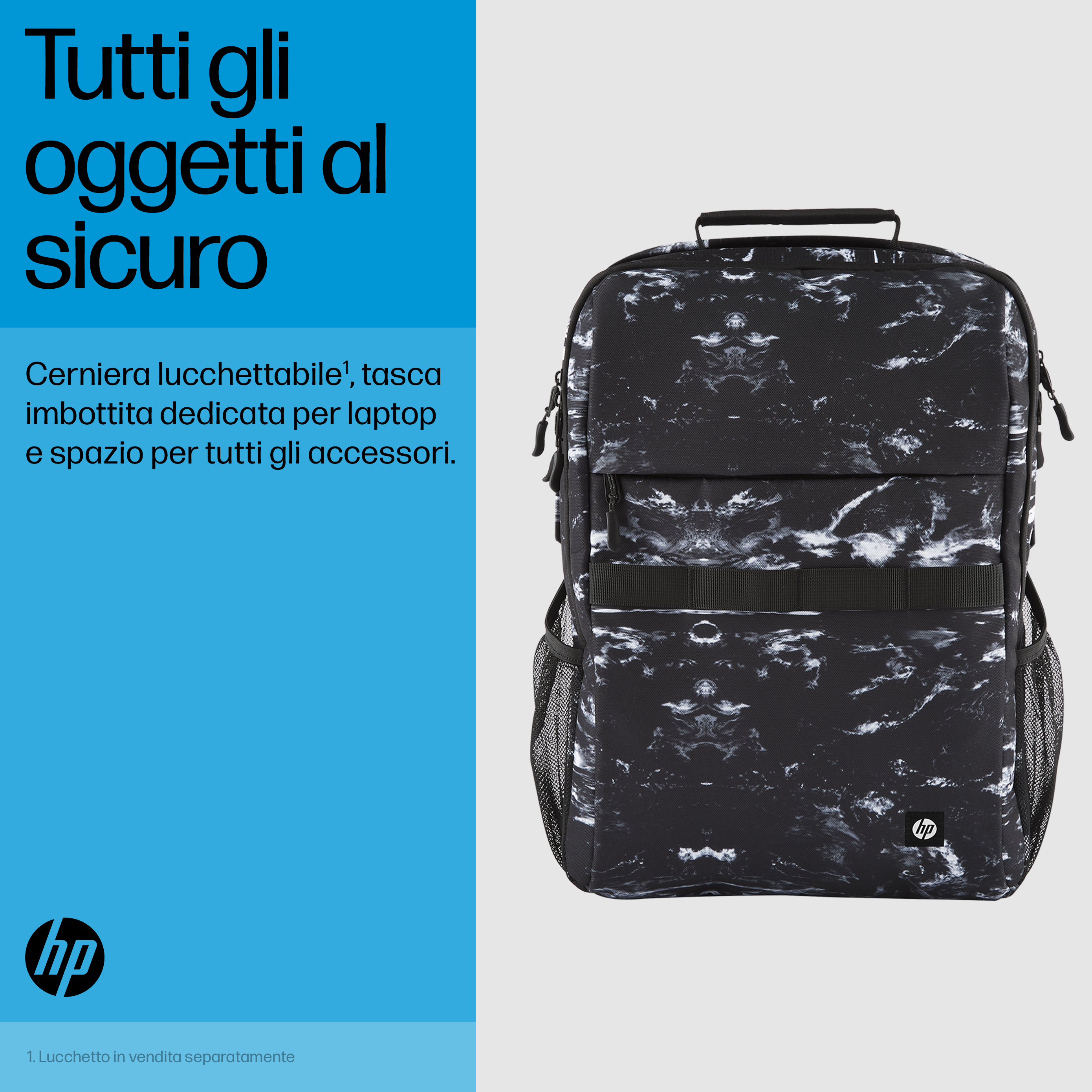 Ein schwarzer Rucksack mit Marmormuster. Er hat einen Griff, Reißverschlüsse und eine seitliche Netztasche. Das HP-Logo ist sichtbar.