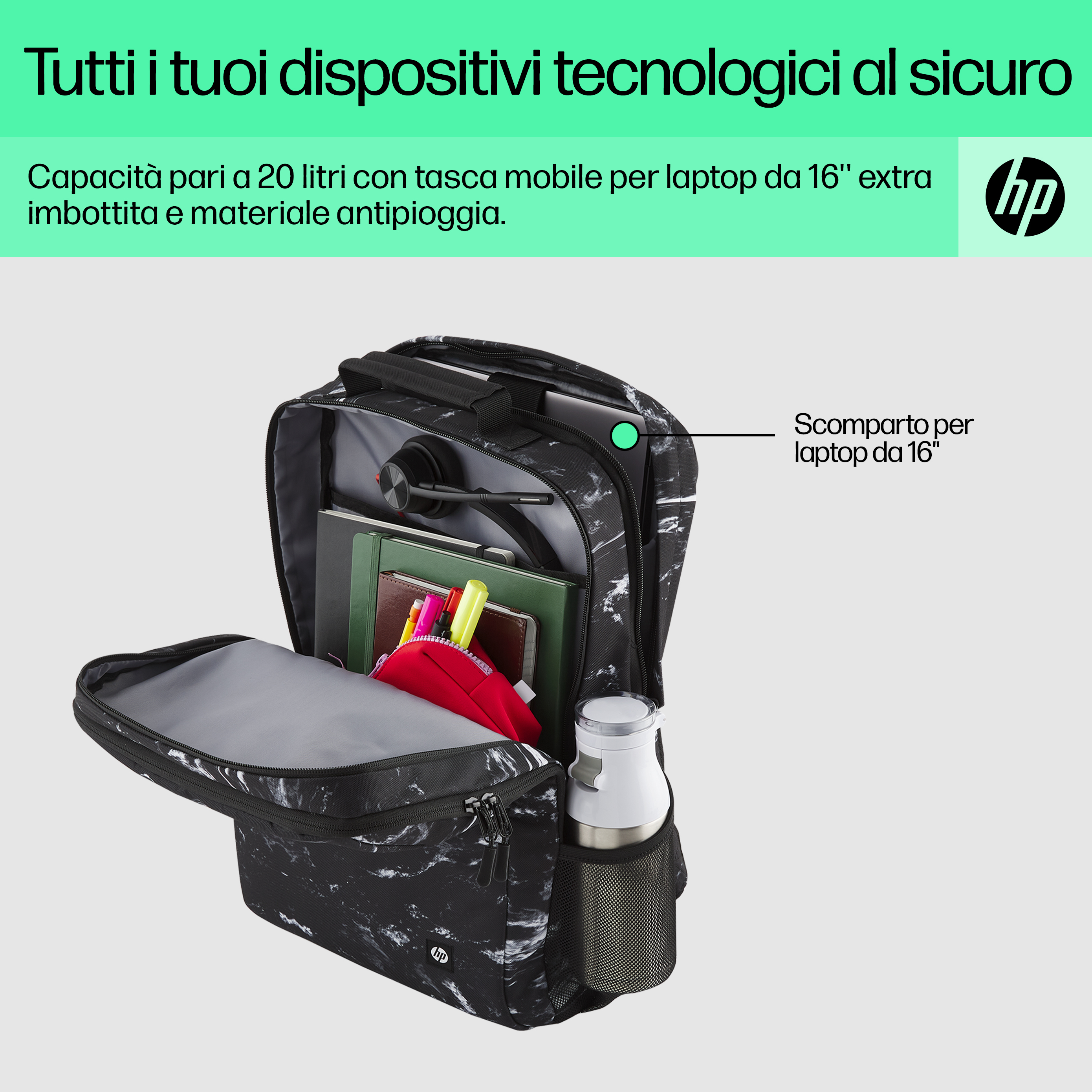 Schwarz-weißer Rucksack mit Marmormuster und Inhalt, einschließlich Laptop, Stiften und Wasserflasche.