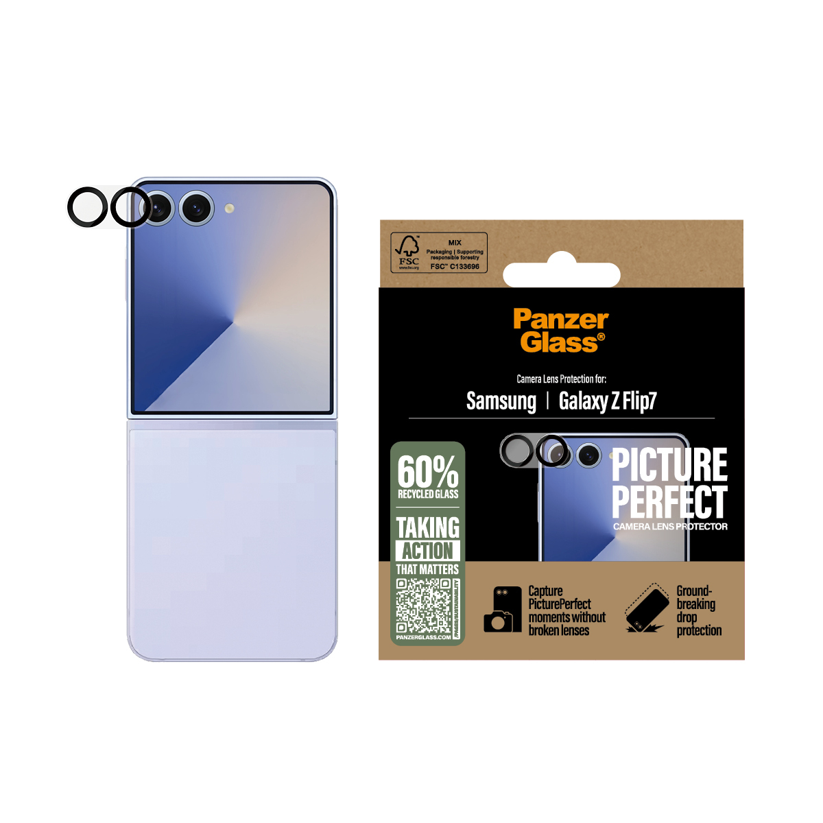 Un téléphone et l'emballage Panzer Glass. L'emballage indique 'Camera Lens Protection for Samsung Galaxy Z Flip7' avec 60% de verre recyclé.