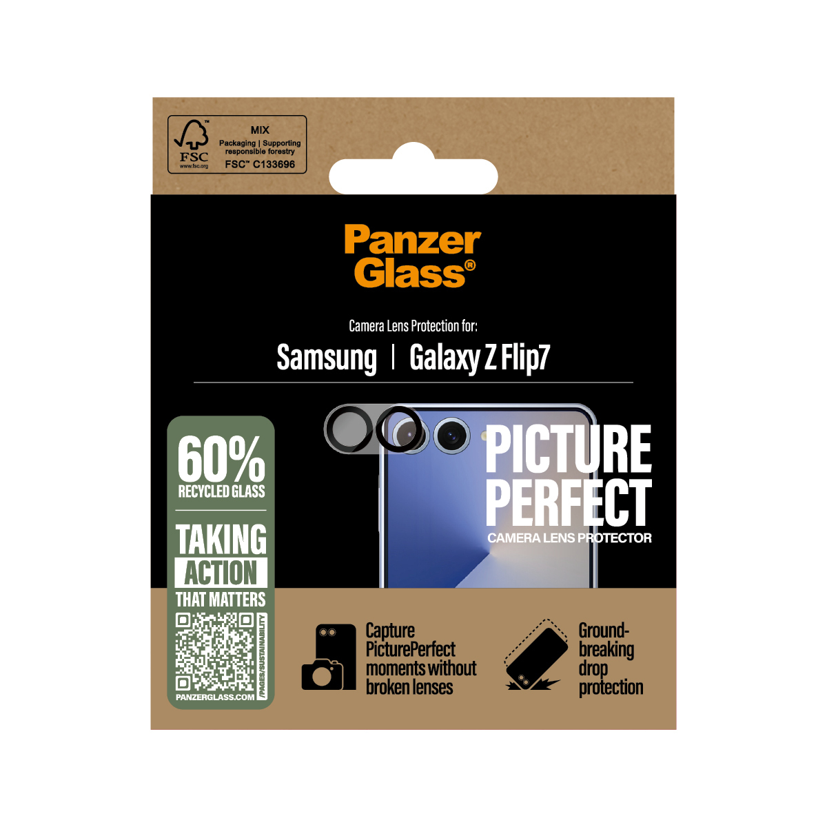 Emballage avec le logo Panzer Glass. Détails sur le protecteur d'objectif pour Samsung Galaxy Z Flip7 avec le texte 'Picture Perfect'.