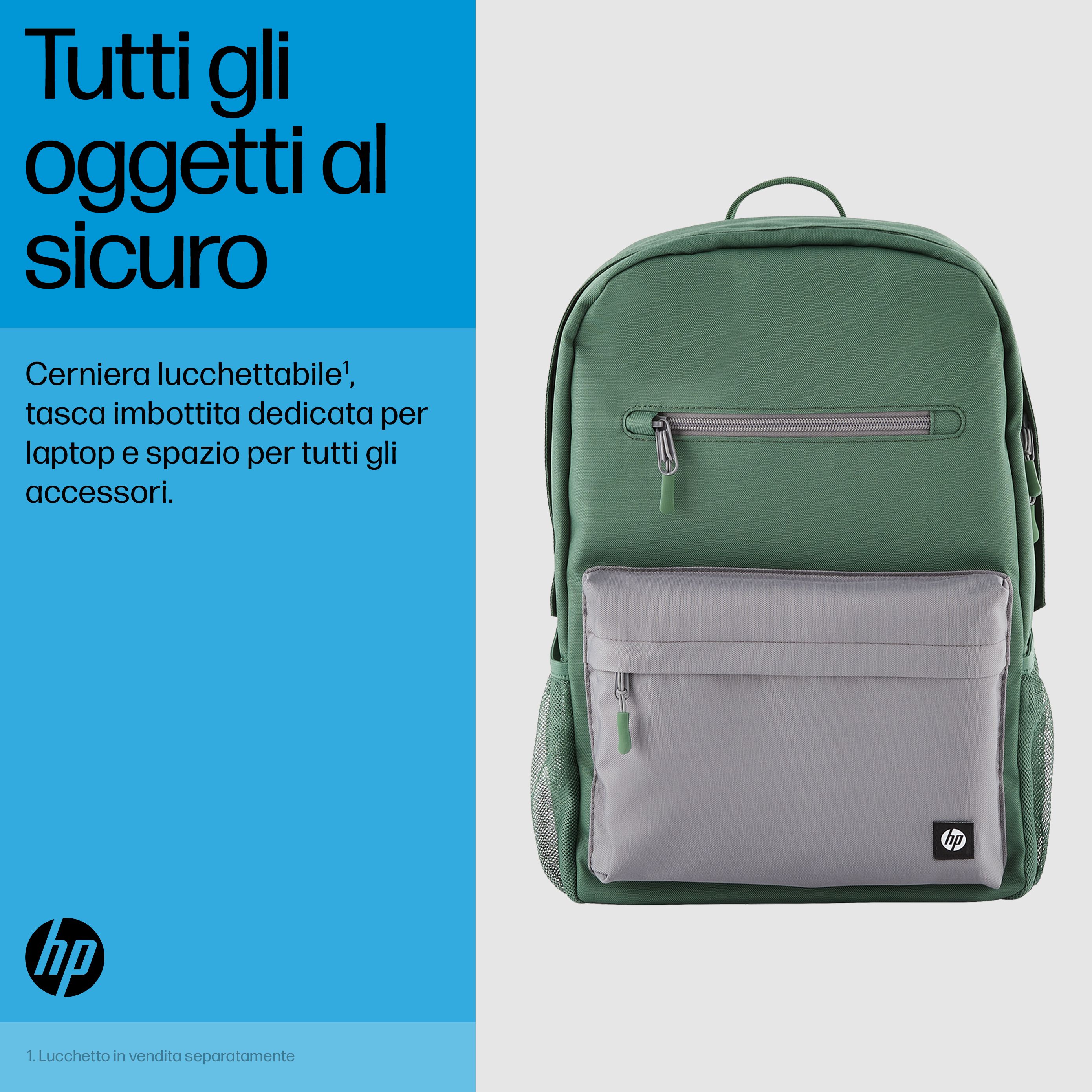 Zaino verde e grigio con chiusura a cerniera, tasca frontale e logo HP.