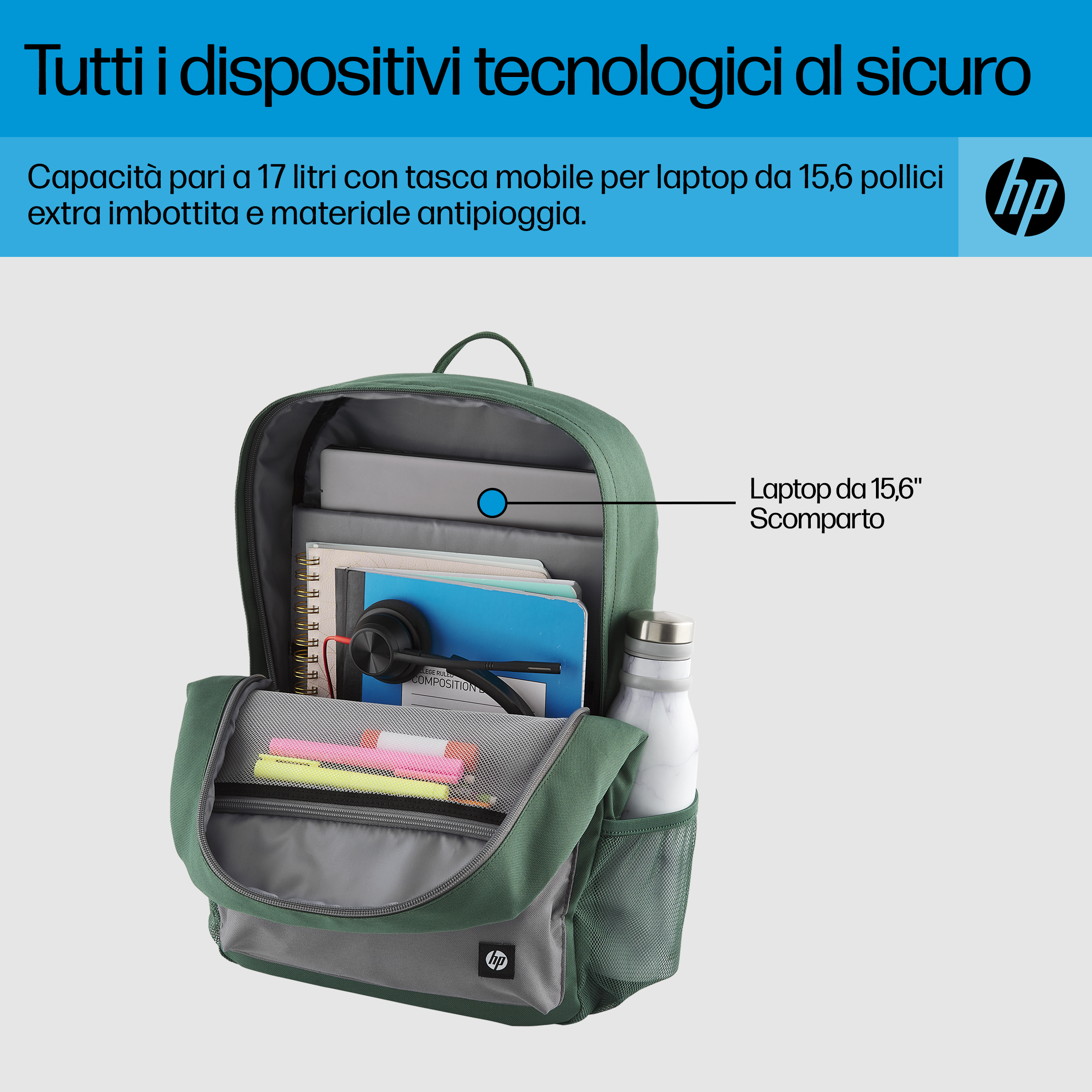 Mochila verde con compartimento para portátil, botella de agua y útiles escolares. Logotipo HP visible.