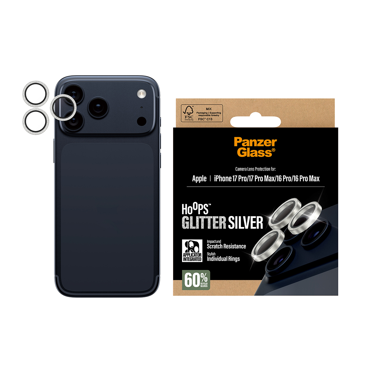 Een donkerblauwe iPhone met zilveren lensbeschermers, een Panzer Glass doos en extra lensbeschermers. Op de doos staat 'HOOPS GLITTER SILVER'.