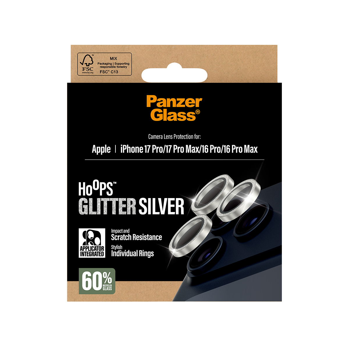 Een productverpakking met het Panzer Glass logo. Het bevat lensbeschermers voor iPhone 17 Pro/16 Pro series, in zilver.