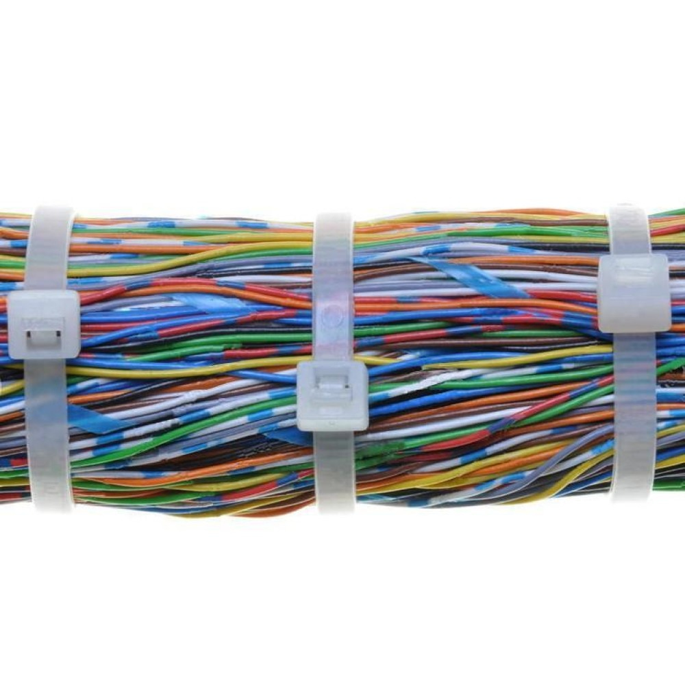 Ein Bündel bunter Elektrokabel ist mit weißen Kabelbindern befestigt. Drähte sind rot, blau, grün, gelb, orange und andere.