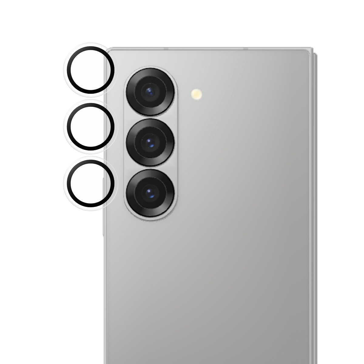 L'arrière d'un smartphone. Il possède trois lentilles de caméra et trois couvercles transparents à gauche. Le téléphone est gris clair.