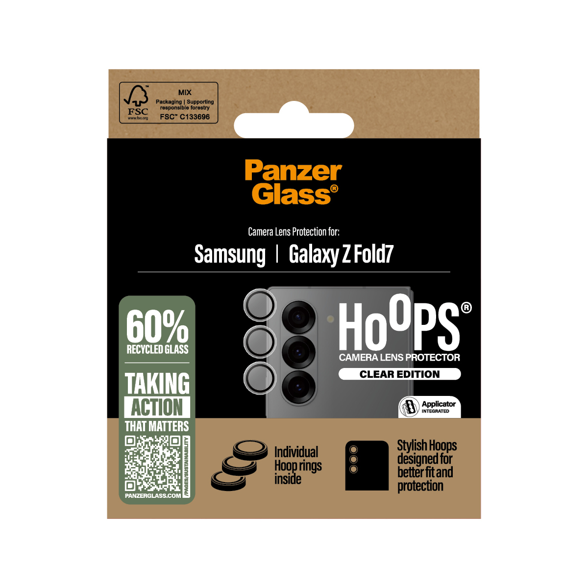 Une boîte de produit Panzer Glass pour Samsung Galaxy Z Fold7. Elle montre un protecteur d'objectif de caméra avec le nom de la marque et les détails.