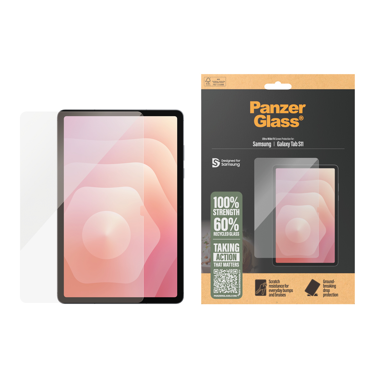Tablet screen protector and packaging. The packaging shows the brand PanzerGlass, the product name, and features like scratch resistance.
