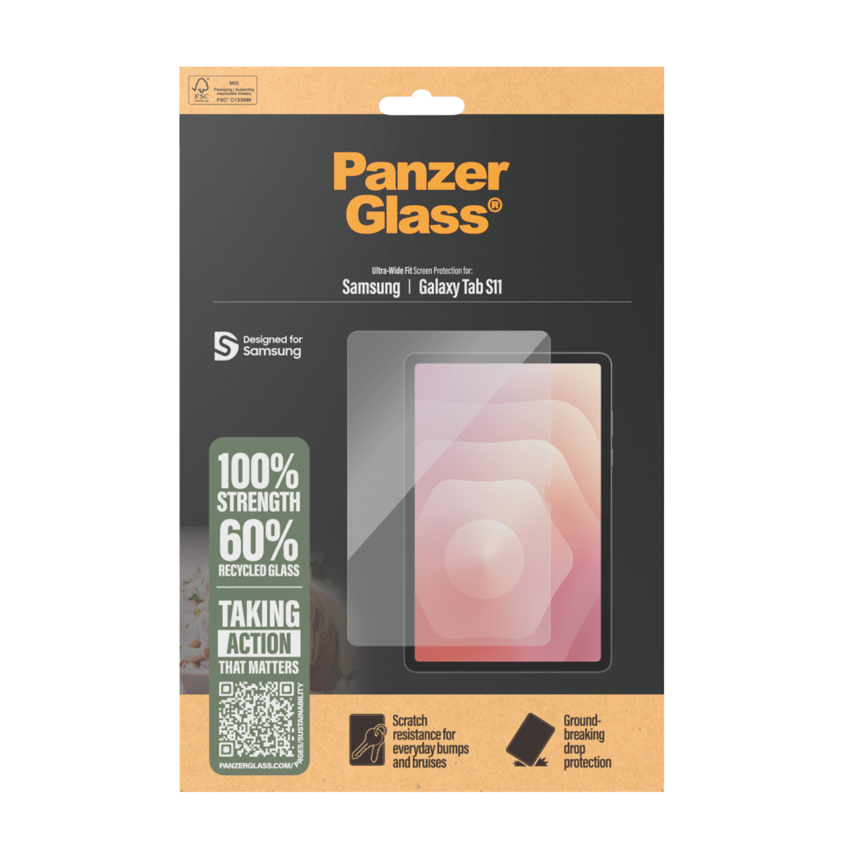 A PanzerGlass screen protector for a Samsung Galaxy Tab S11 is displayed. It highlights 100% strength, 60% recycled glass, and drop protection.