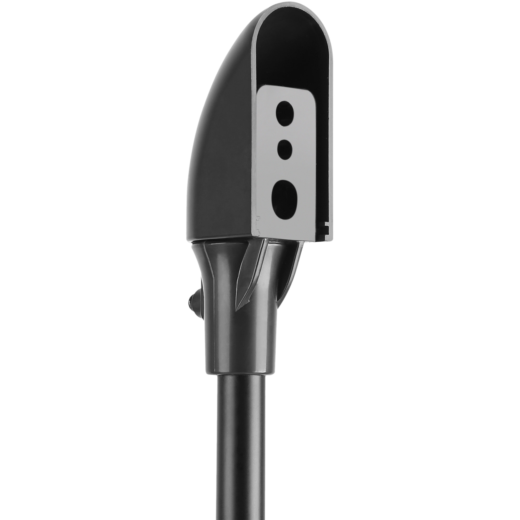 Ein schwarzes, gebogenes Metallstandteil. Es hat eine Halterung mit Löchern und eine zylindrische Stange. Weißer Hintergrund.