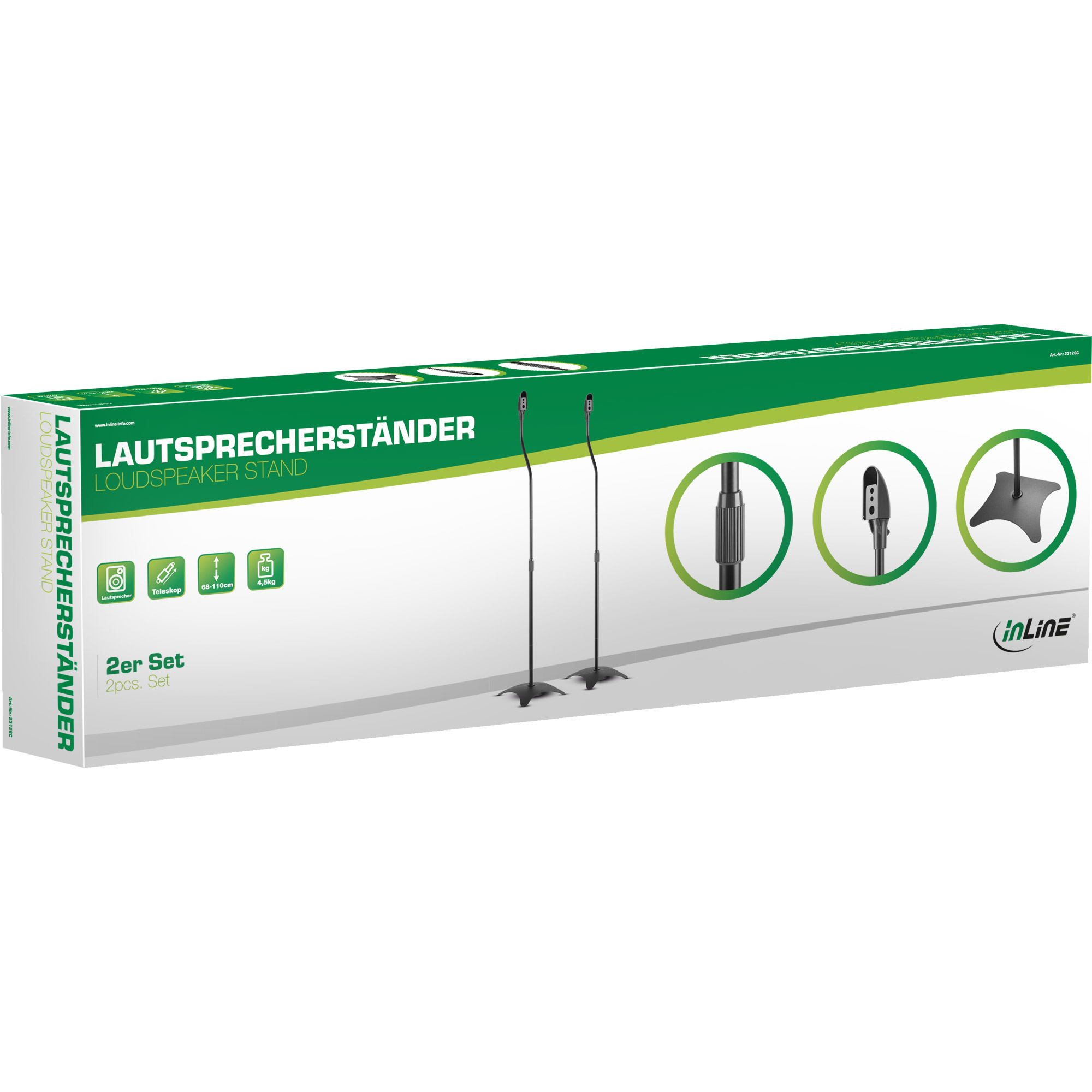 Eine Box mit Lautsprecherständern. Die Box ist weiß und grün. Schwarze Ständer sind sichtbar.